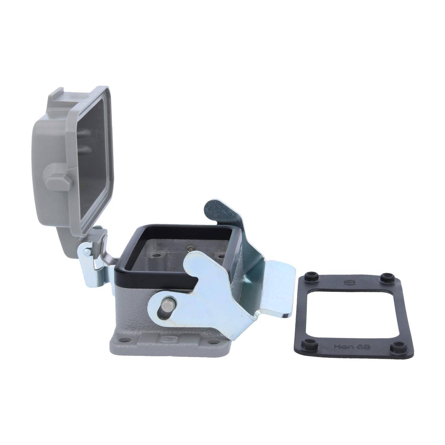 Ein industrielles Metallverbindungsgehäuse mit Klappdeckel ist geöffnet und zeigt sein Inneres. Eine weitere Komponente ist daneben platziert.