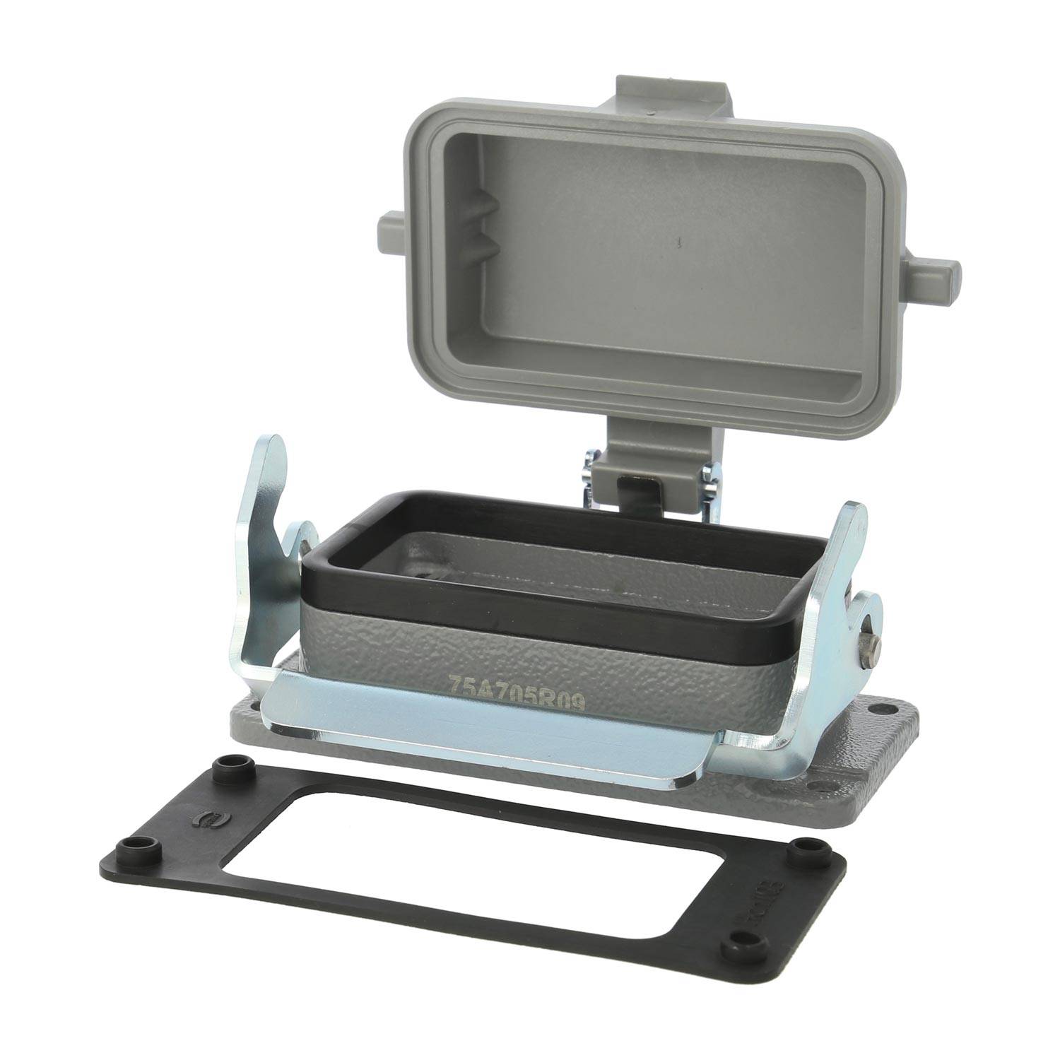 Ein offenes rechteckiges graues elektrisches Anschlussgehäuse mit einem Klappdeckel, versehen mit einer Montagebasis und einer separaten schwarzen Dichtung.