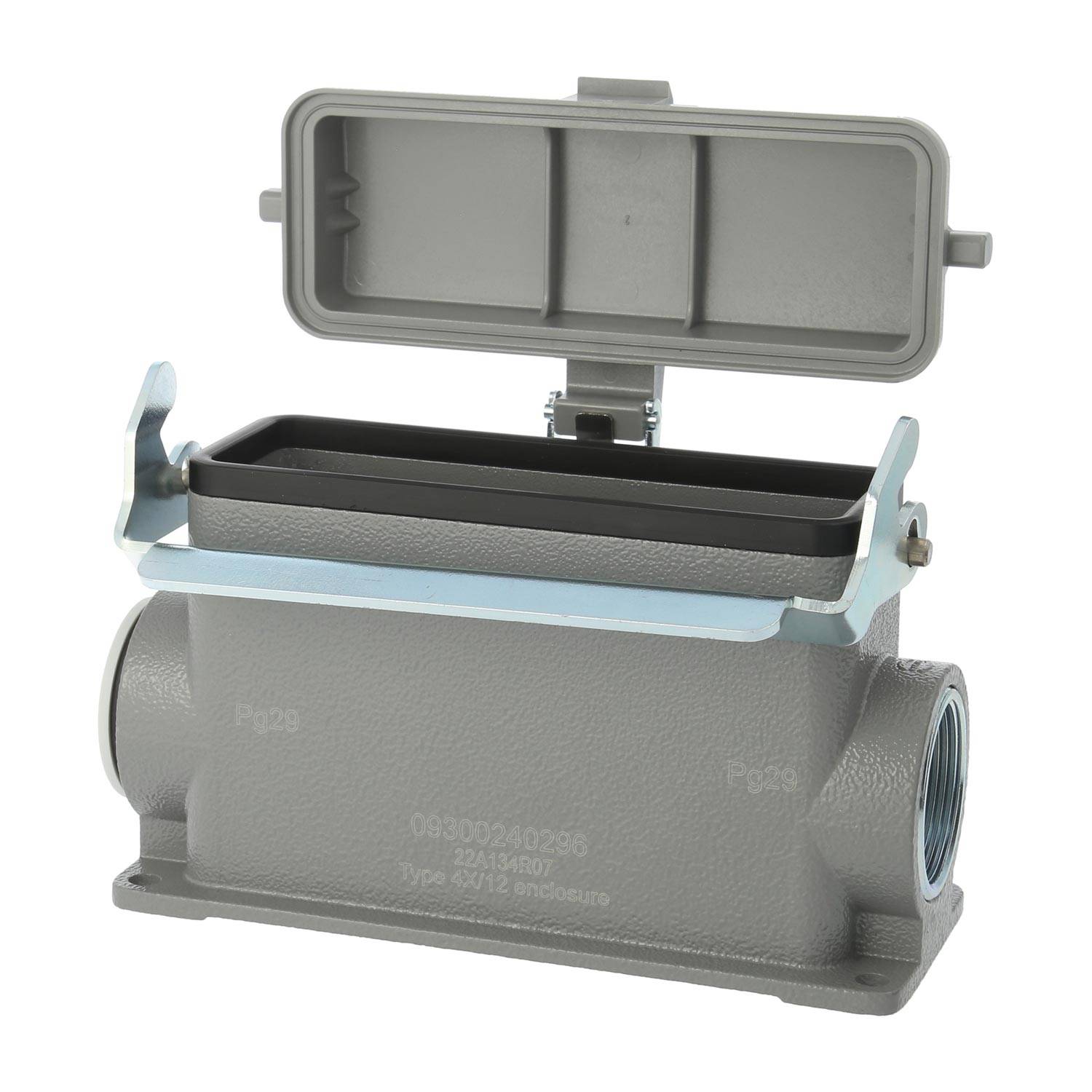 Ein rechteckiger grauer Metall-Elektrogehäuse-Verbinder mit einem offenen Deckel, der Innenräume und seitliche Kabeleinführungen zeigt.