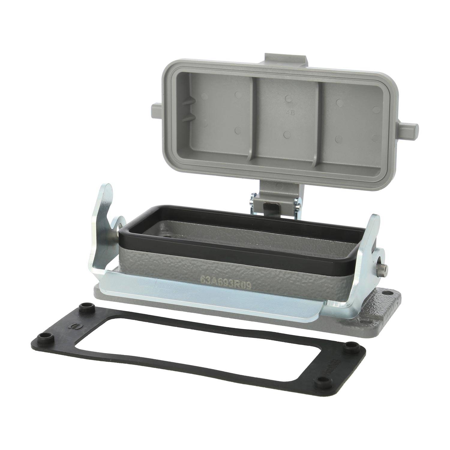 Metallische elektrische Gehäuse mit offenem Deckel, der den Innenraum für Verdrahtung freilegt. Enthält Befestigungsbügel und abnehmbaren Dichtungsrahmen.