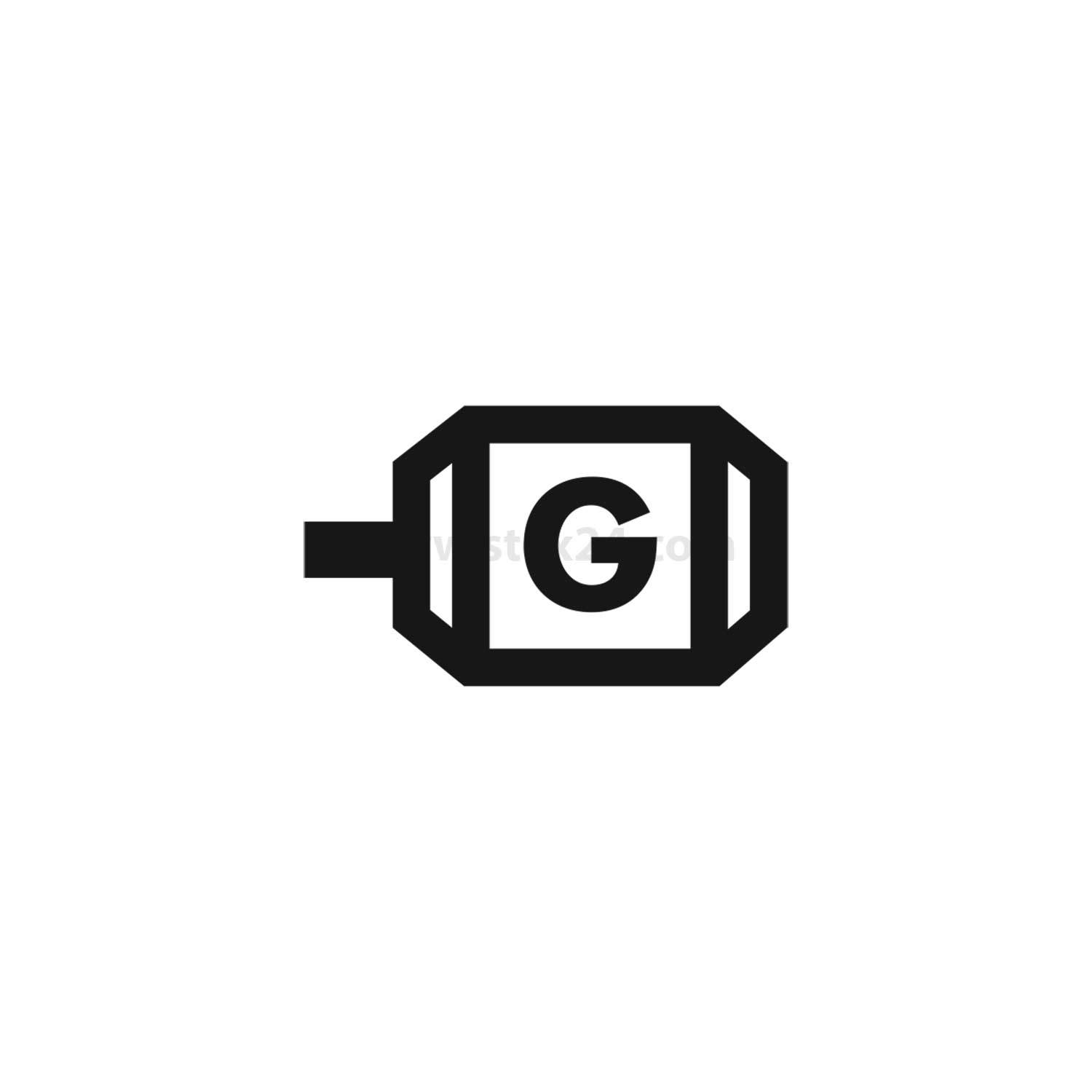 Symbol mit dem Buchstaben 'G', der einer Batterie oder einer Gerätekomponente ähnelt, auf einem einfachen weißen Hintergrund.