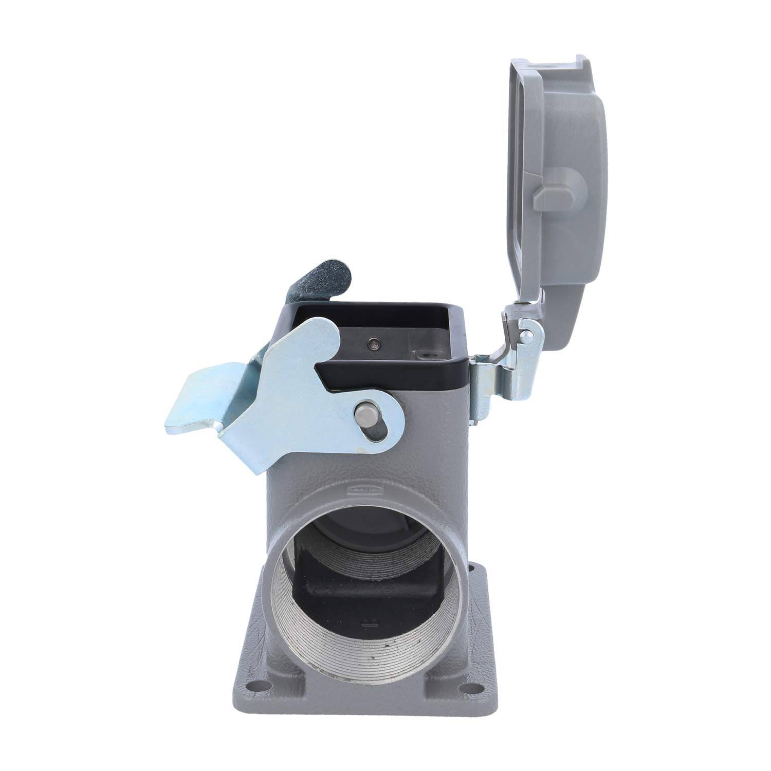 Ein Metallschalter mit Drucktastenmechanismus, gehäust in einem rechteckigen Gehäuse, mit einer hochklappbaren Abdeckung und einem seitlich angebrachten, federbelasteten Hebelmechanismus.