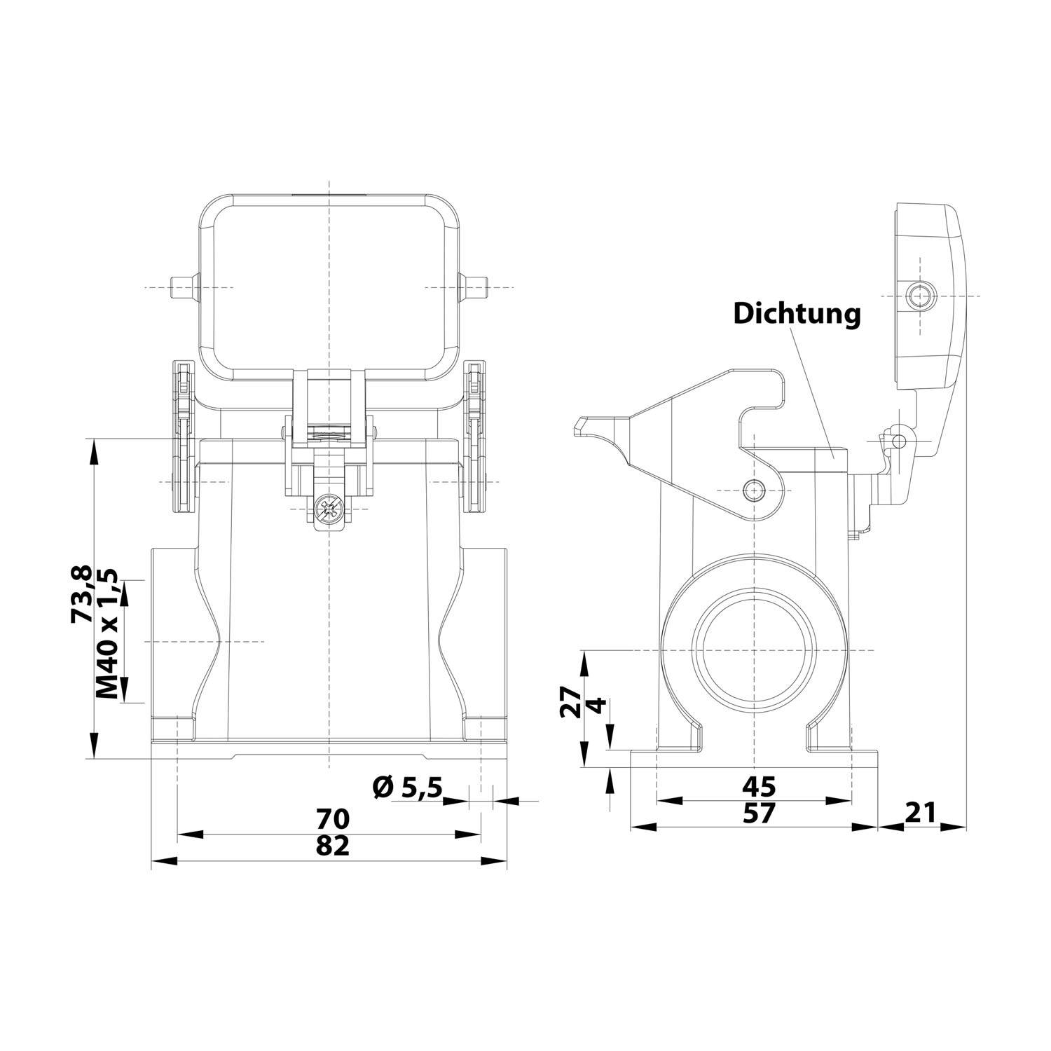 04300062268 HARTING Han 6B Sockelgehäuse hoch, 1xM40 seitlicher Kabelabgang, mit 1 Längsbügel mit Schutzkappe Metall -
