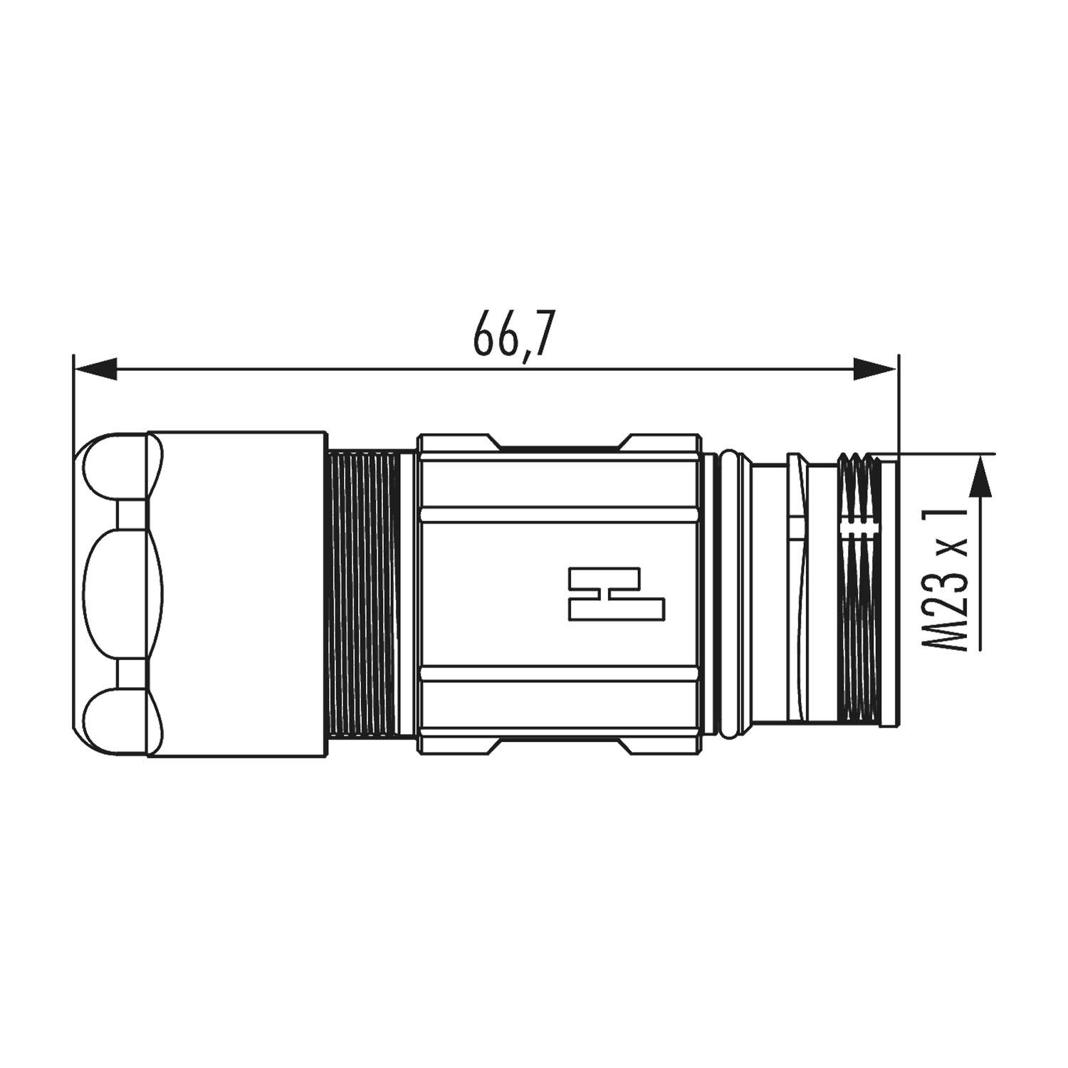 Technische Zeichnung eines zylindrischen Verbinders mit Abmessungen: Länge 66,7 mm, Gewindeende mit 'M23 x 1' beschriftet.