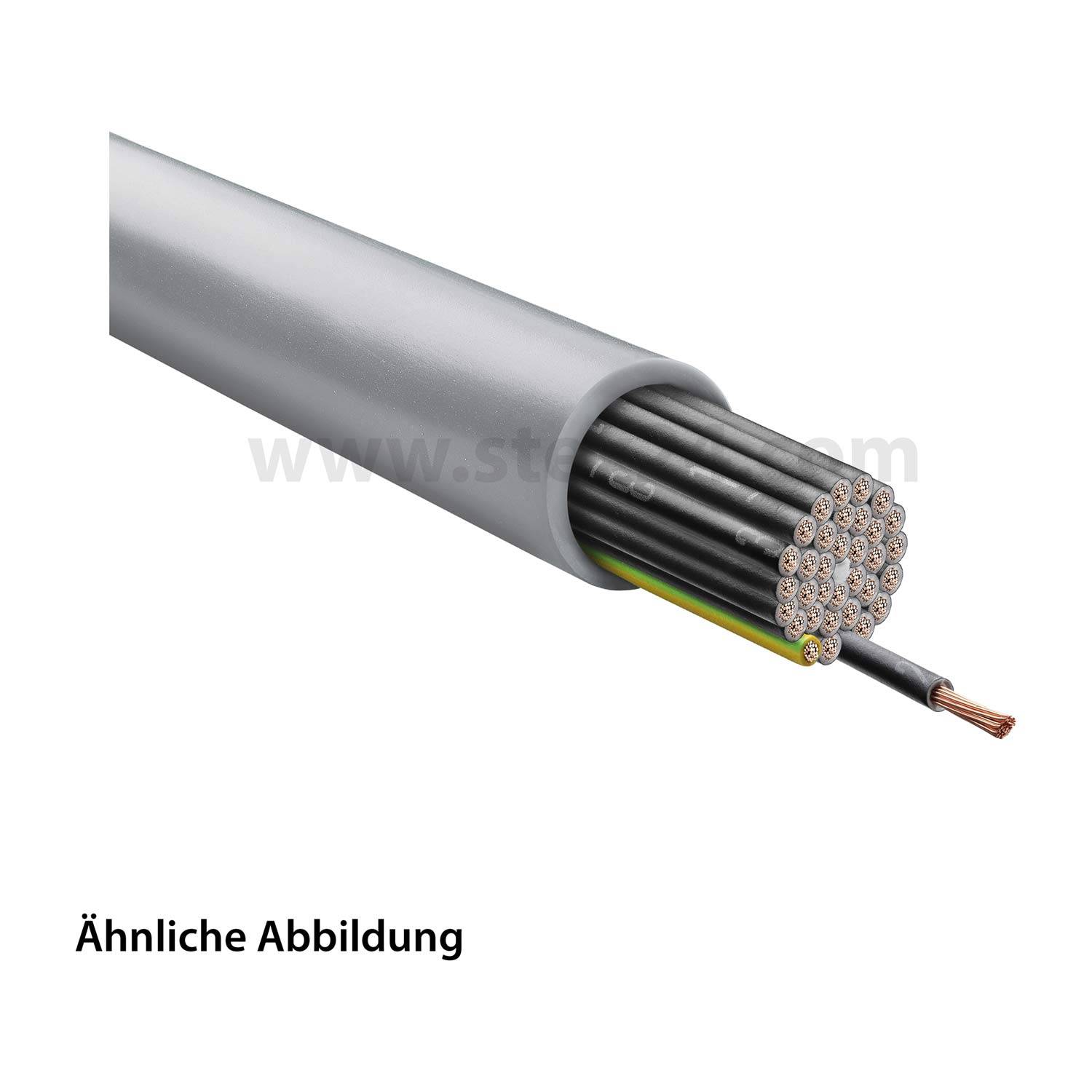 Mehrfachkabel mit grauer Außenhülle, die gebündelte Drähte und Kupferenden freilegt.