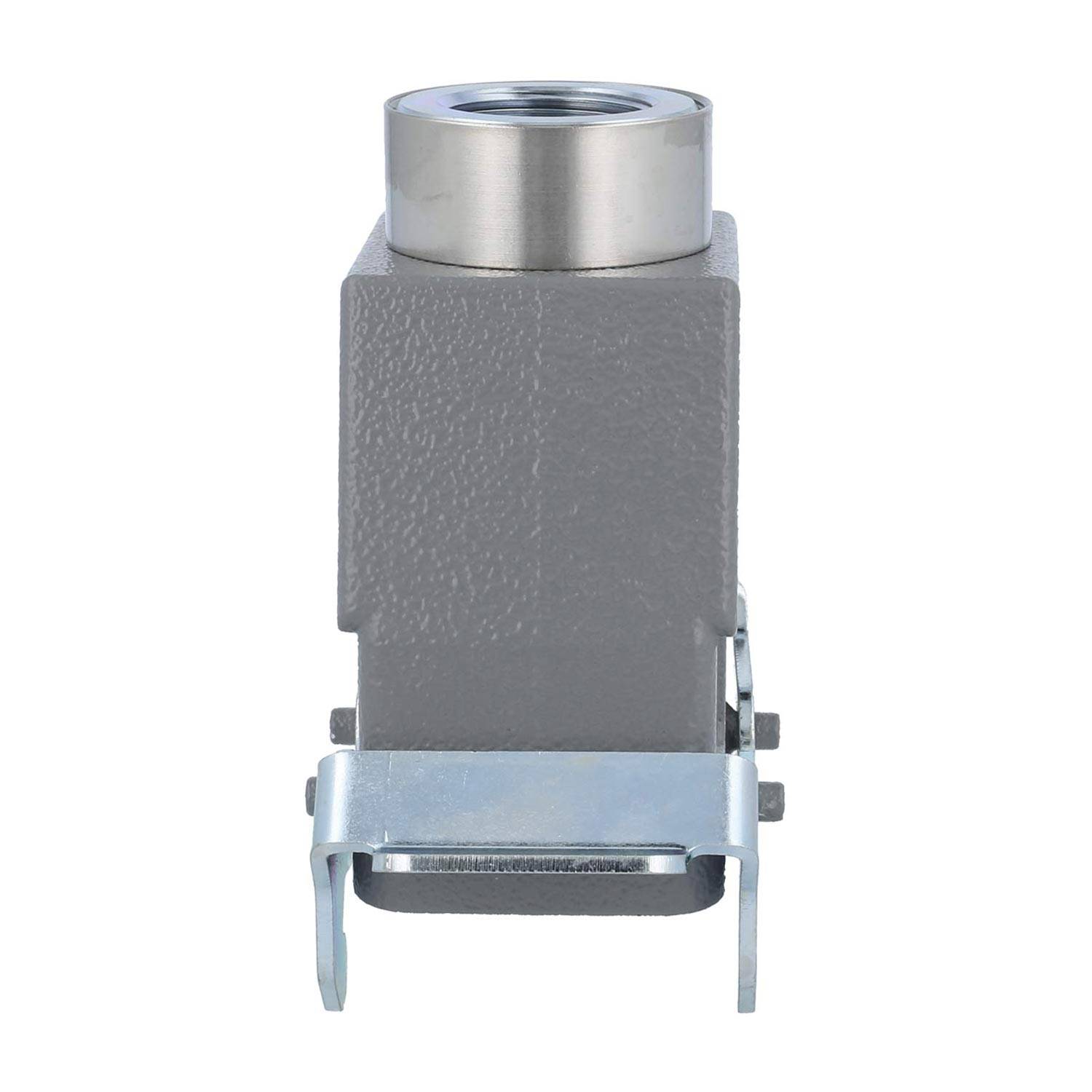 Ein graues Metallindustriekomponente mit einem zylindrischen Oberteil und Befestigungsbügel, höchstwahrscheinlich verwendet in Maschinen- oder Ausrüstungsmontage.