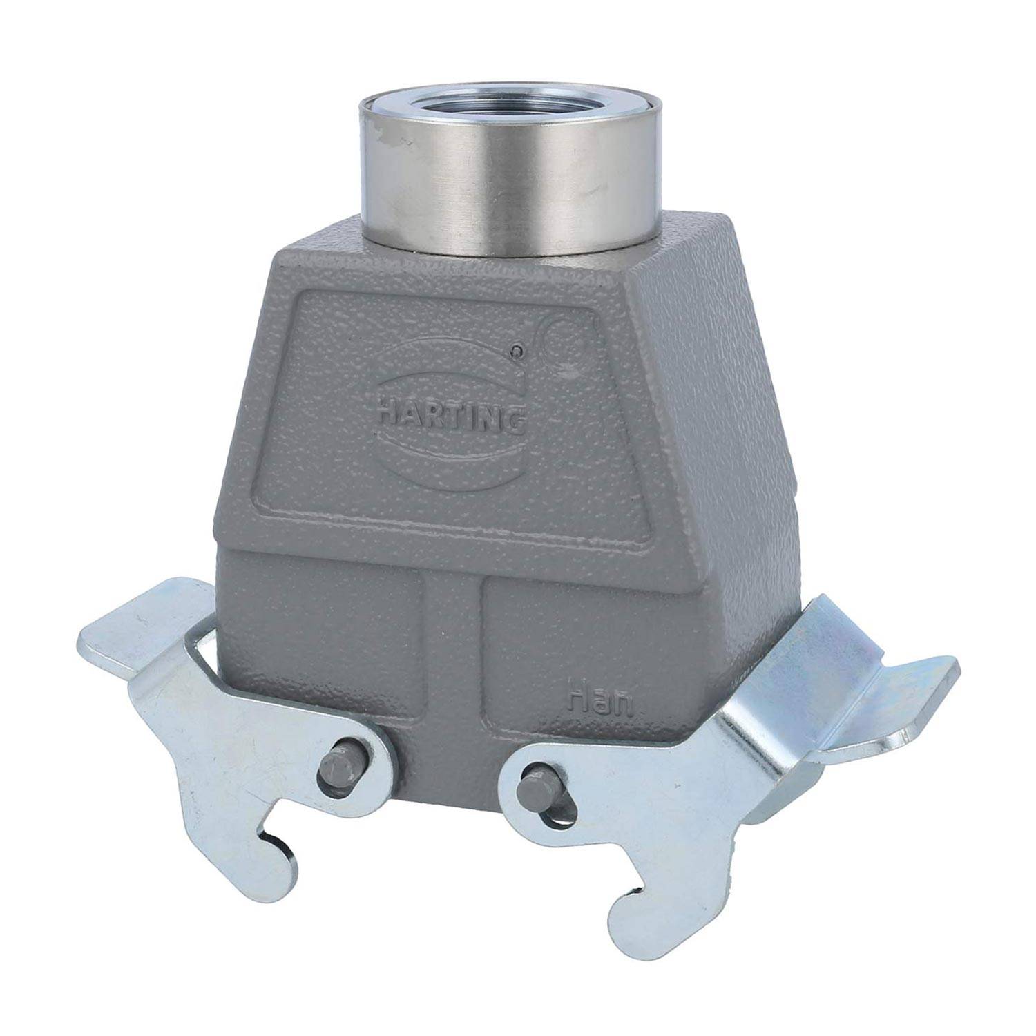 Ein graues industrielles Anschlussgehäuse mit einer kreisförmigen Öffnung und zwei metallischen Klemmvorrichtungen an den Seiten zur sicheren Befestigung.