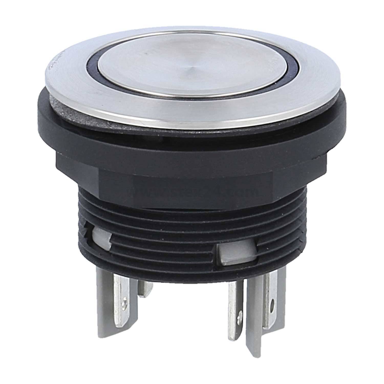 Ein runder Metalldrucktaster mit schwarzem Gehäuse und mehreren Metallstiften für elektrische Anschlüsse.