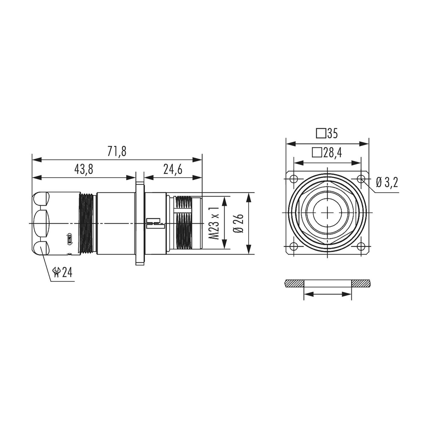 Technische Zeichnung eines zylindrischen Verbindungsstücks mit Abmessungen: Gesamtlänge 71,8 mm, Durchmesser 24 mm. Breite der Vorderansicht 35 mm; Befestigungslöcher haben einen Abstand von 28,4 mm.