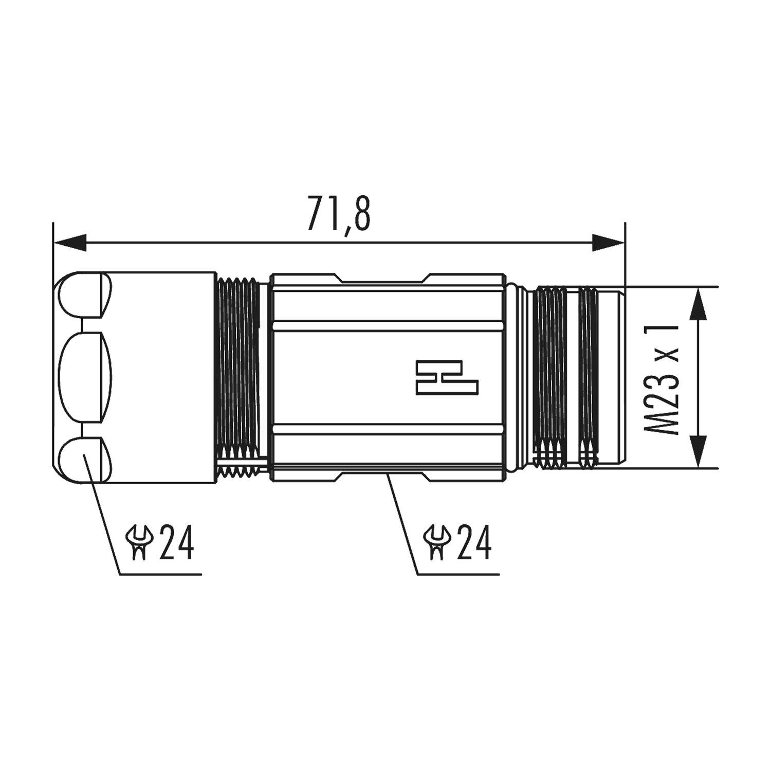 Technische Zeichnung eines zylindrischen Verbinders mit Maßangaben: Länge 71,8 mm, Breite M23 x 1 mm, Schraubenschlüsselgröße 24 mm an beiden Enden.