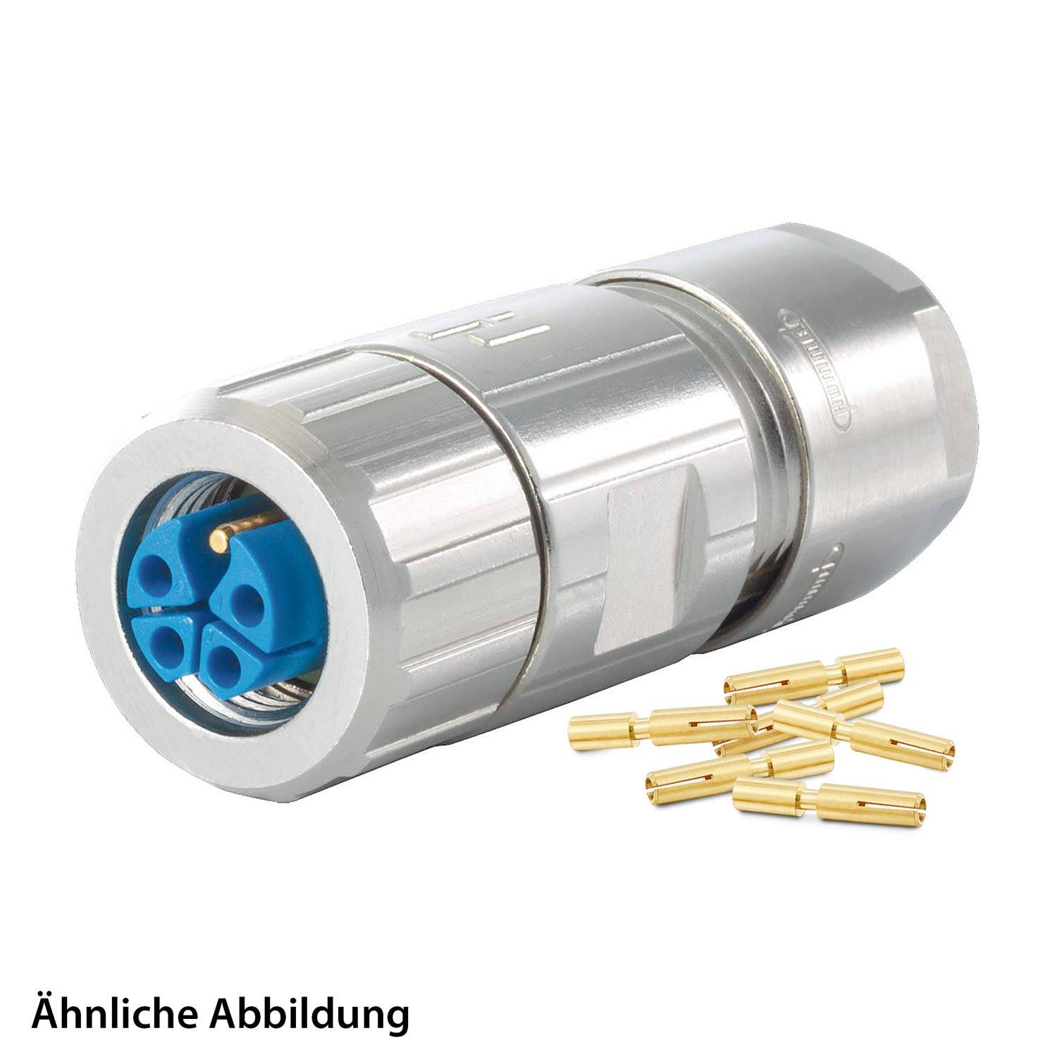 Ein zylindrischer Metallverbinder mit blauem Innenraum und mehreren Pins, begleitet von mehreren kleinen goldfarbenen Stäben.