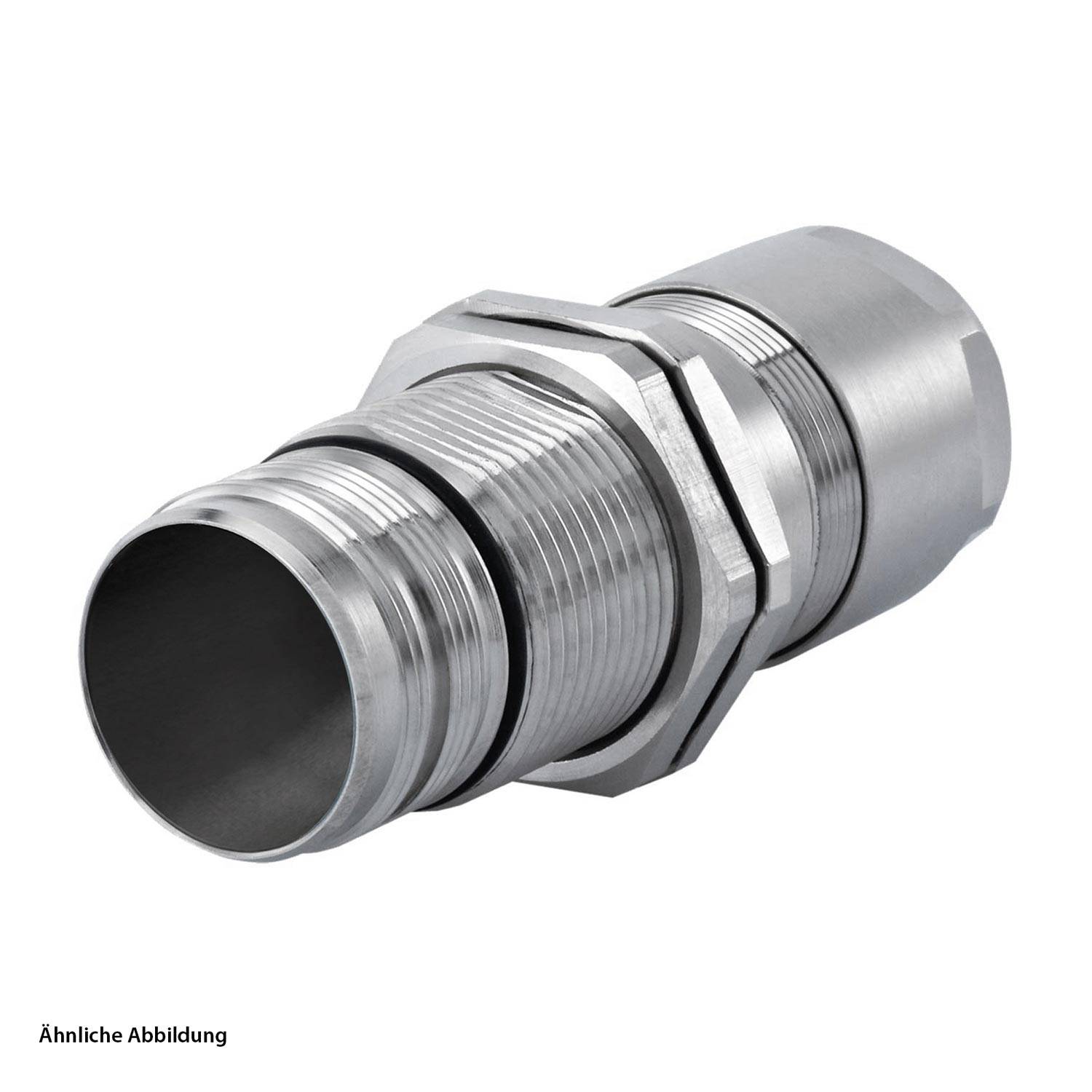 Metallteil mit gewindeten Enden, wahrscheinlich für Sanitär- oder industrielle Rohrleitungen verwendet, mit detaillierten Rillen und sechseckigem Abschnitt für Schraubenschlüssel.