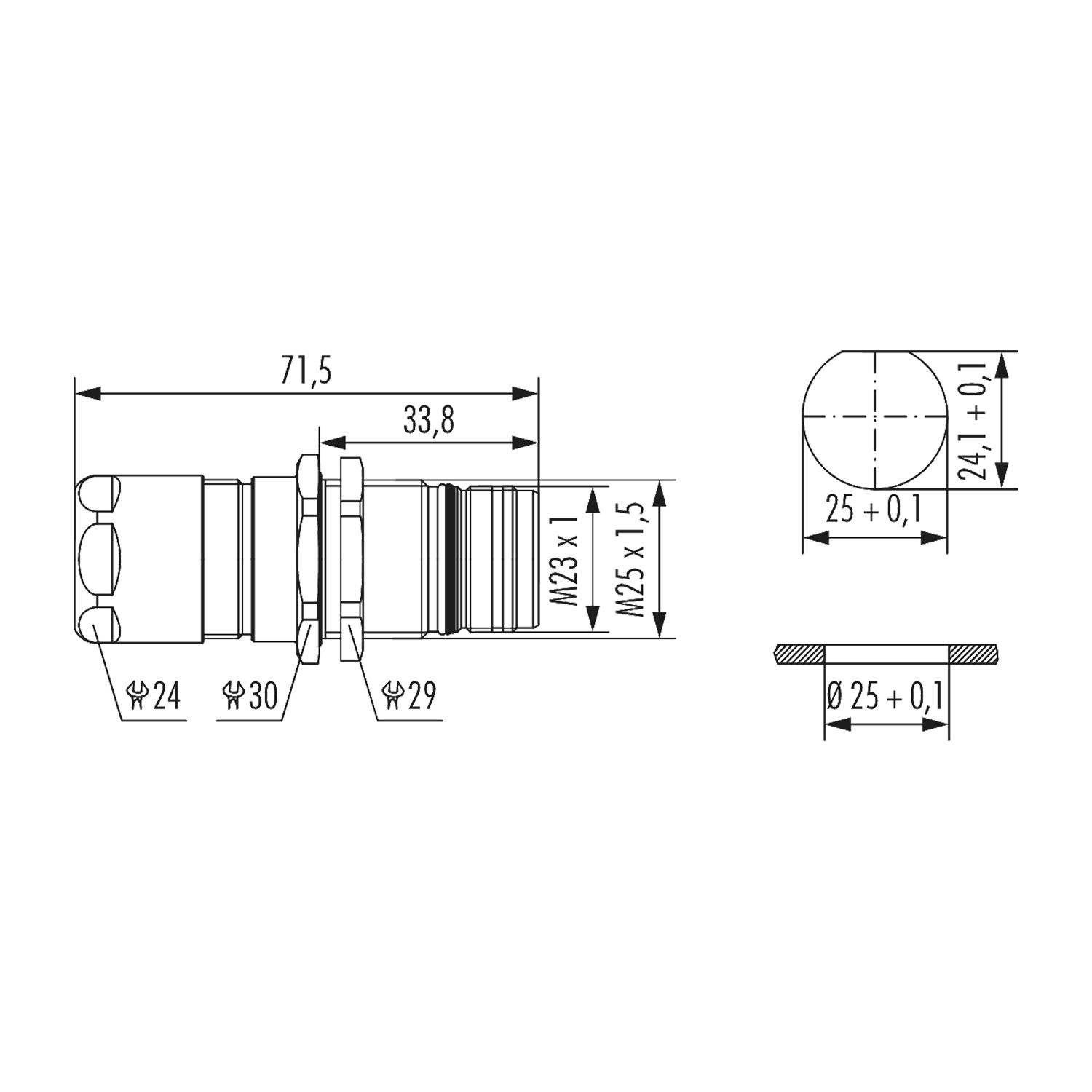 Technische Zeichnung eines zylindrischen Bauteils mit Abmessungen: 71,5 mm Länge, 33,8 mm Querschnitt, Durchmesser 24 mm, 29 mm, 30 mm und 25 mm.
