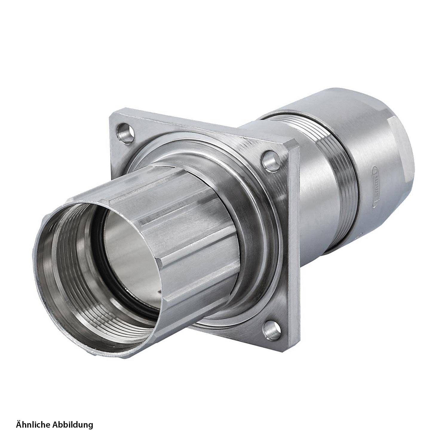 Ein silberner industrieller Anschluss mit zylindrischer Gestaltung und geflanschter Basis, der Rillen am Körper aufweist und für sichere mechanische Verbindungen verwendet wird.