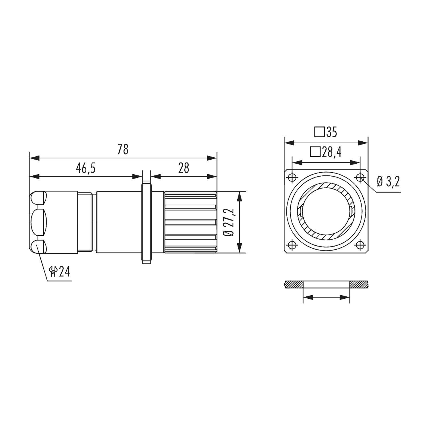 Technische Zeichnung eines Verbindungsstücks mit Abmessungen: Länge 78 mm, Breite 28 mm, quadratischer Flansch 28,4 mm breit, 35 mm hoch, Durchmesser 24 mm.