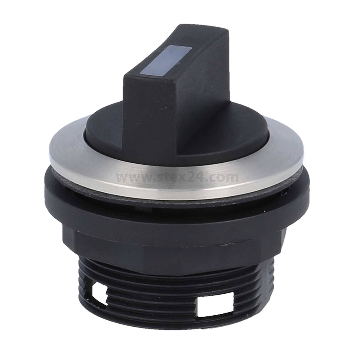 Ein schwarzer Drehknopf mit einem silbernen Ring, der eine Kerbe an der Oberseite für einen leichten Griff aufweist. Er ist für den Einbau in elektronische Geräte konzipiert.