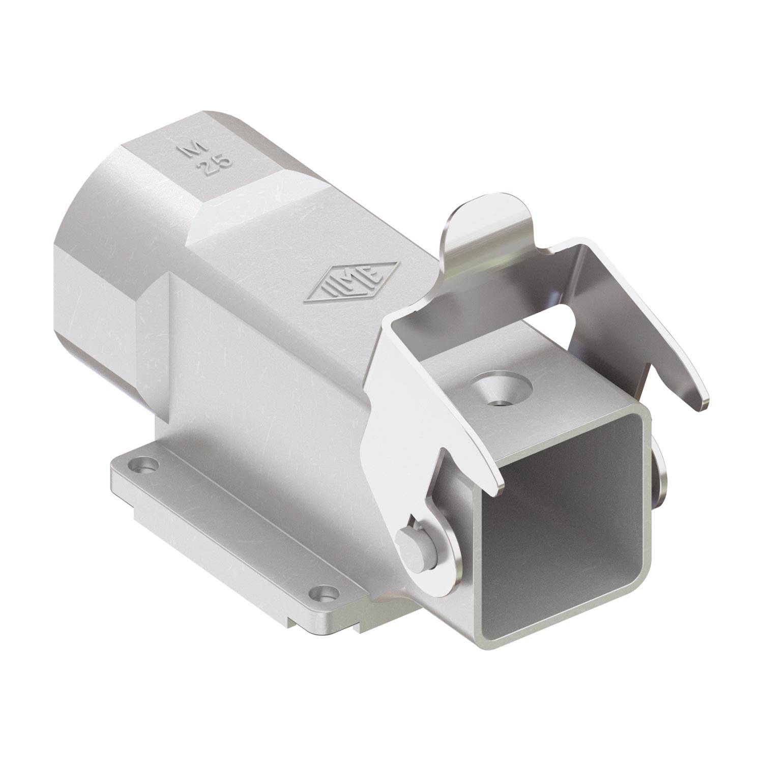 Ein metallisches industrielles Anschlussgehäuse mit rechteckiger Öffnung und Verriegelungsmechanismen, entwickelt für sichere elektrische Komponentenverbindungen.