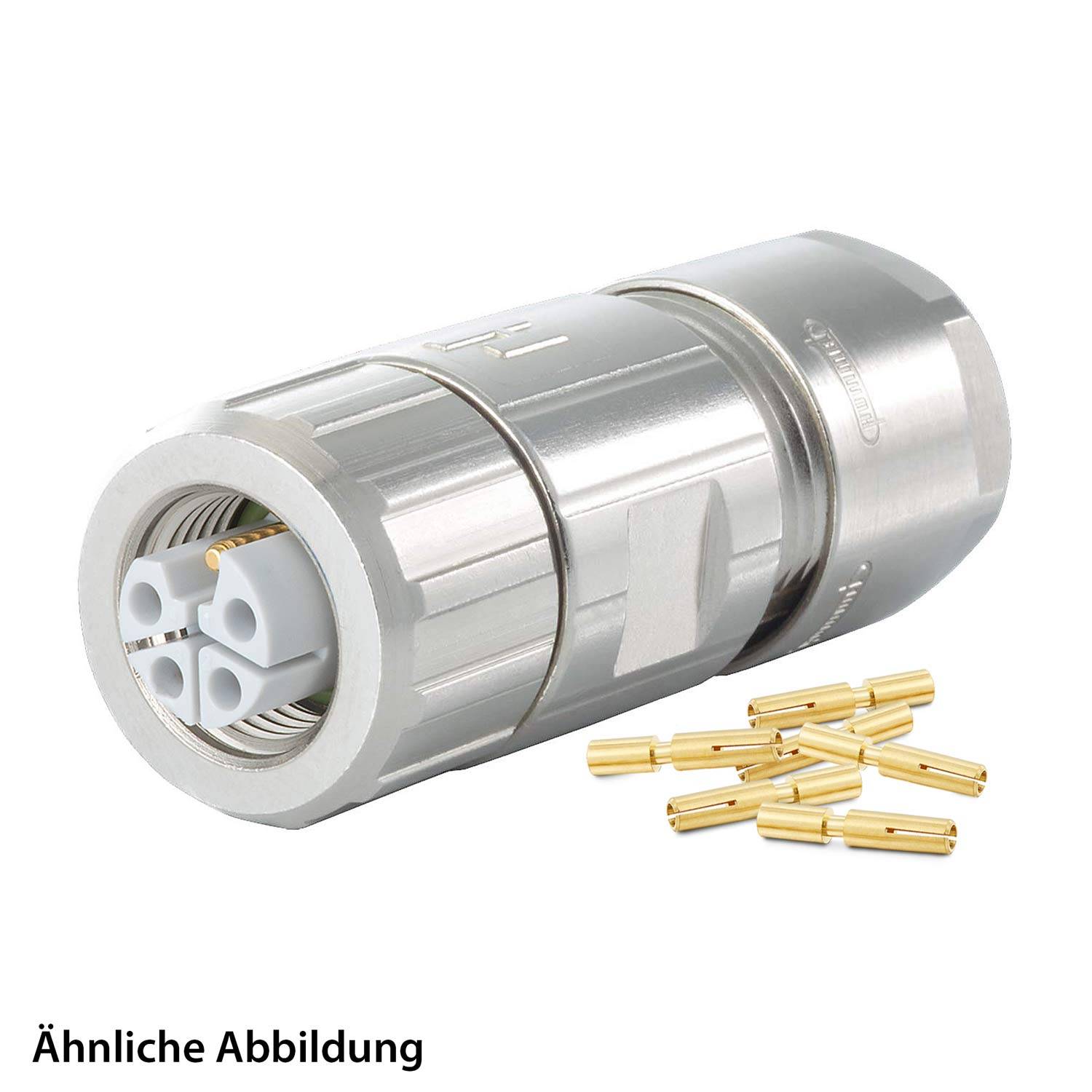 Metallischer zylindrischer elektrischer Verbinder mit vier Buchsen und begleitenden kleinen goldenen Stiften auf weißem Hintergrund.