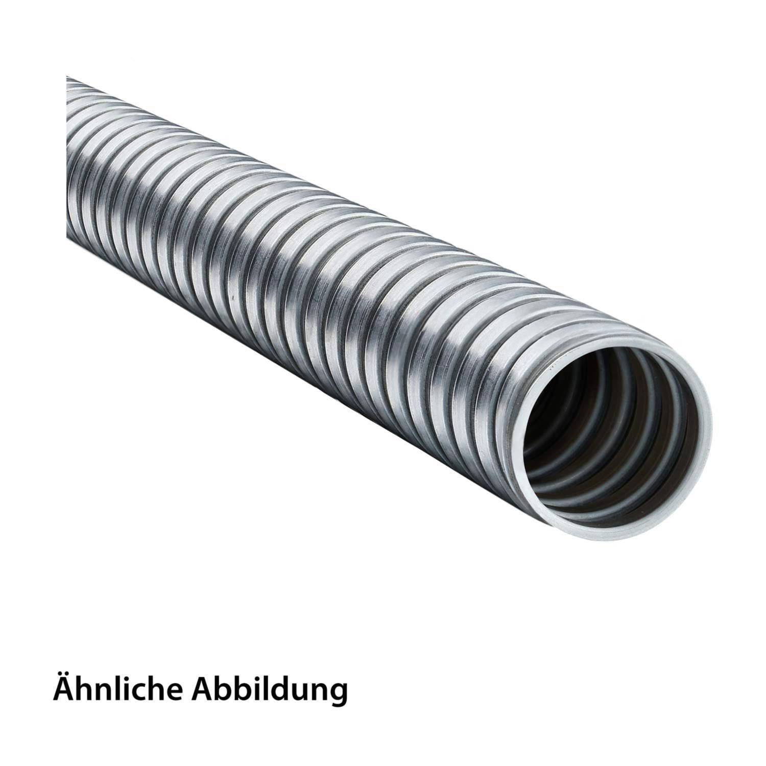 Ein ähnliches Bild zeigt eine Nahaufnahme eines metallischen Wellschlauchs, der sich von links nach rechts erstreckt.