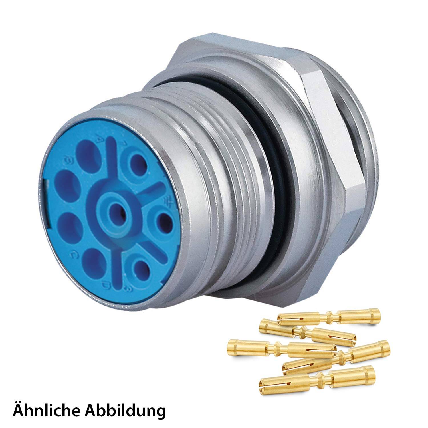Ein zylindrischer Metall-Elektroverbinder mit blauem Innenraum, der mehrere Löcher für Stifte aufweist; enthält lose goldfarbene Stifte darunter.