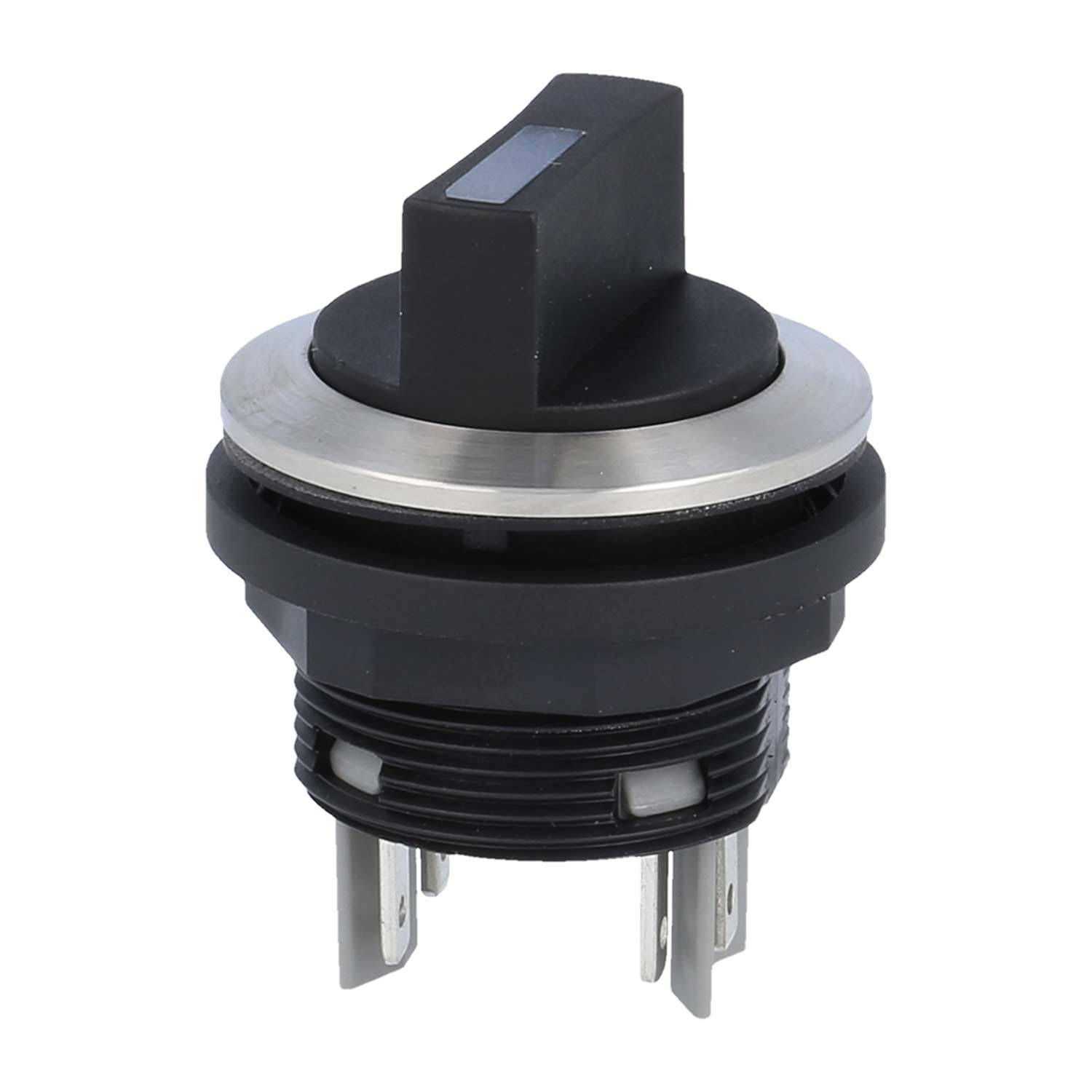 Ein schwarzer Drehschalter mit einem silbernen Ring und mehreren Metallzacken am unteren Ende, der zur Steuerung elektronischer Geräte verwendet wird.