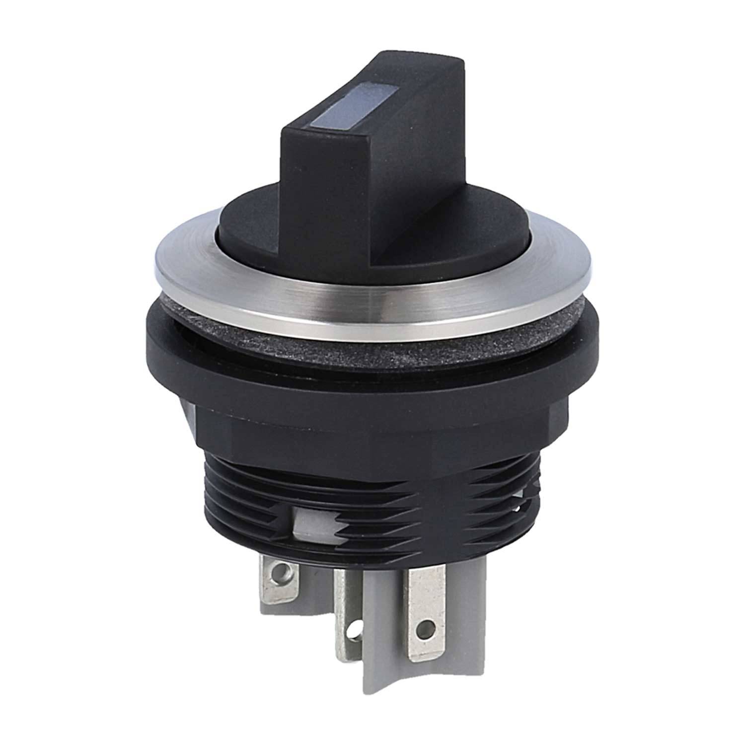 Ein zylindrischer schwarzer Kippschalter mit Metallgehäuse, konzipiert für elektrische Ausrüstung, mit drei Anschlussbolzen an der Basis.