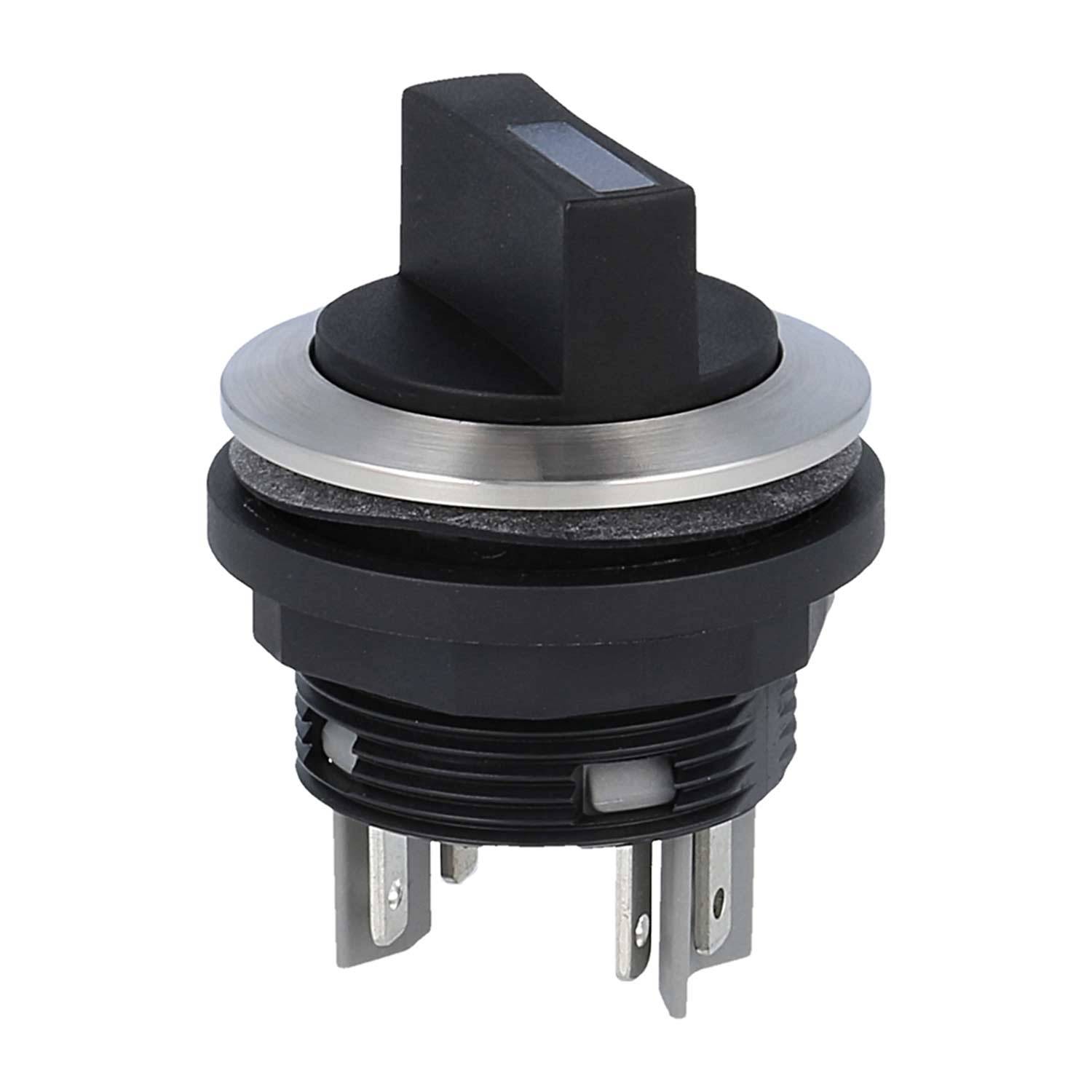 Ein schwarzer Drehschalter mit einem Metallring, ausgestattet mit mehreren Anschlüssen an der Basis.