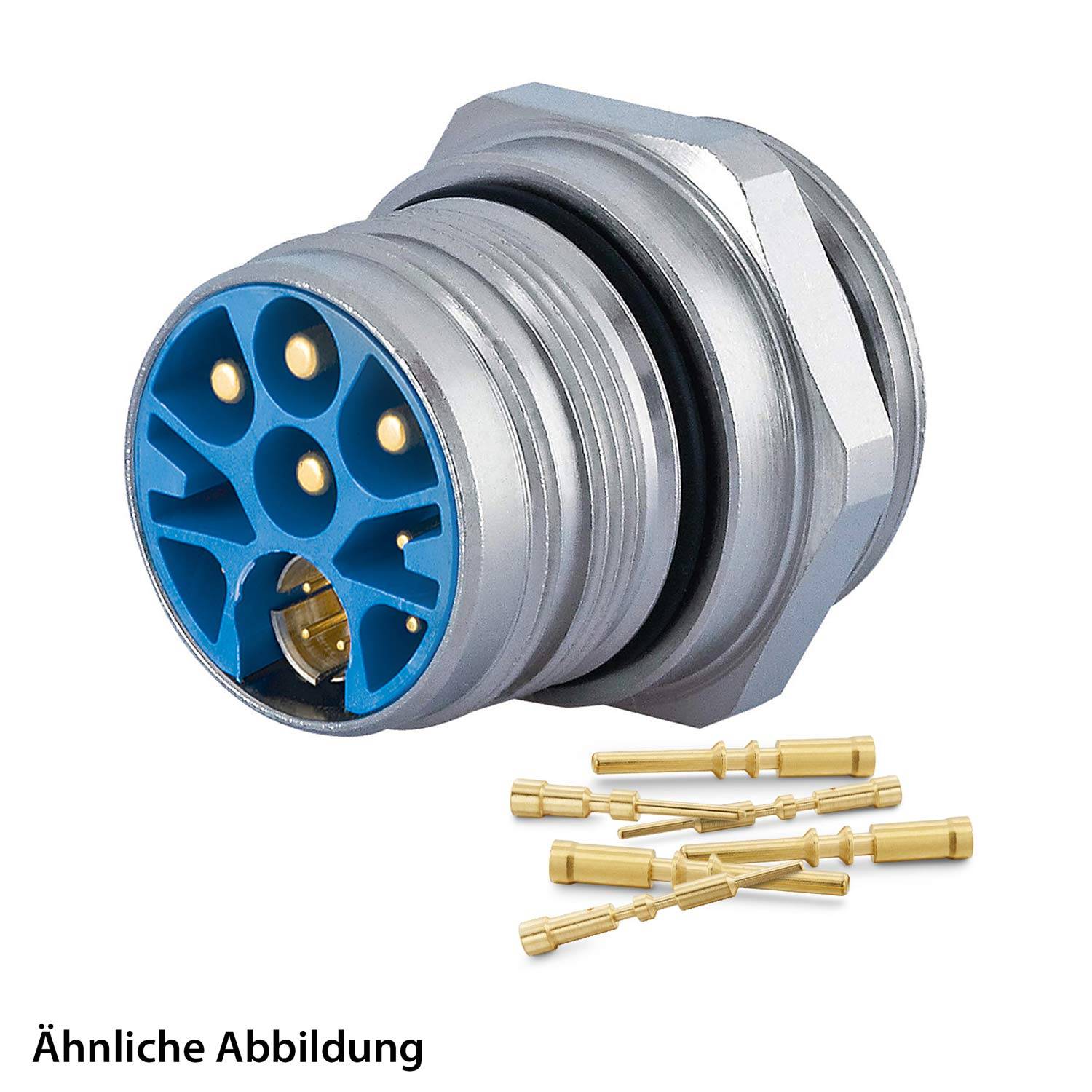 Ein metallischer kreisförmiger elektrischer Steckverbinder mit blauem Einsatz, der sieben goldene Stifte zeigt, begleitet von sieben losen goldenen Kontaktstiften.