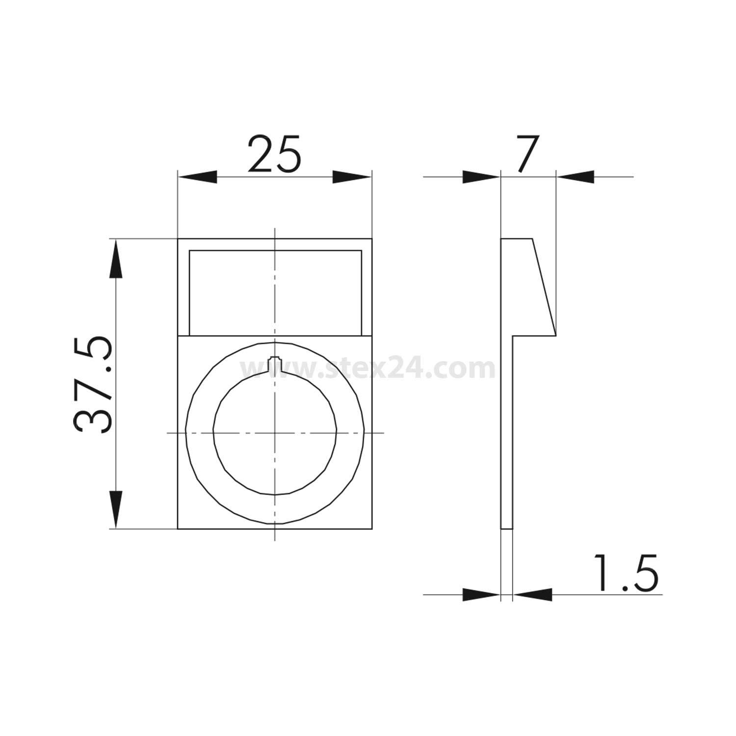 Technische Zeichnung eines kreisförmigen Objekts mit Vorder- und Seitenansicht, Abmessungen sind 25 bei 37,5 in der Vorderansicht und 7 Tiefe, 1,5 Kantendicke.