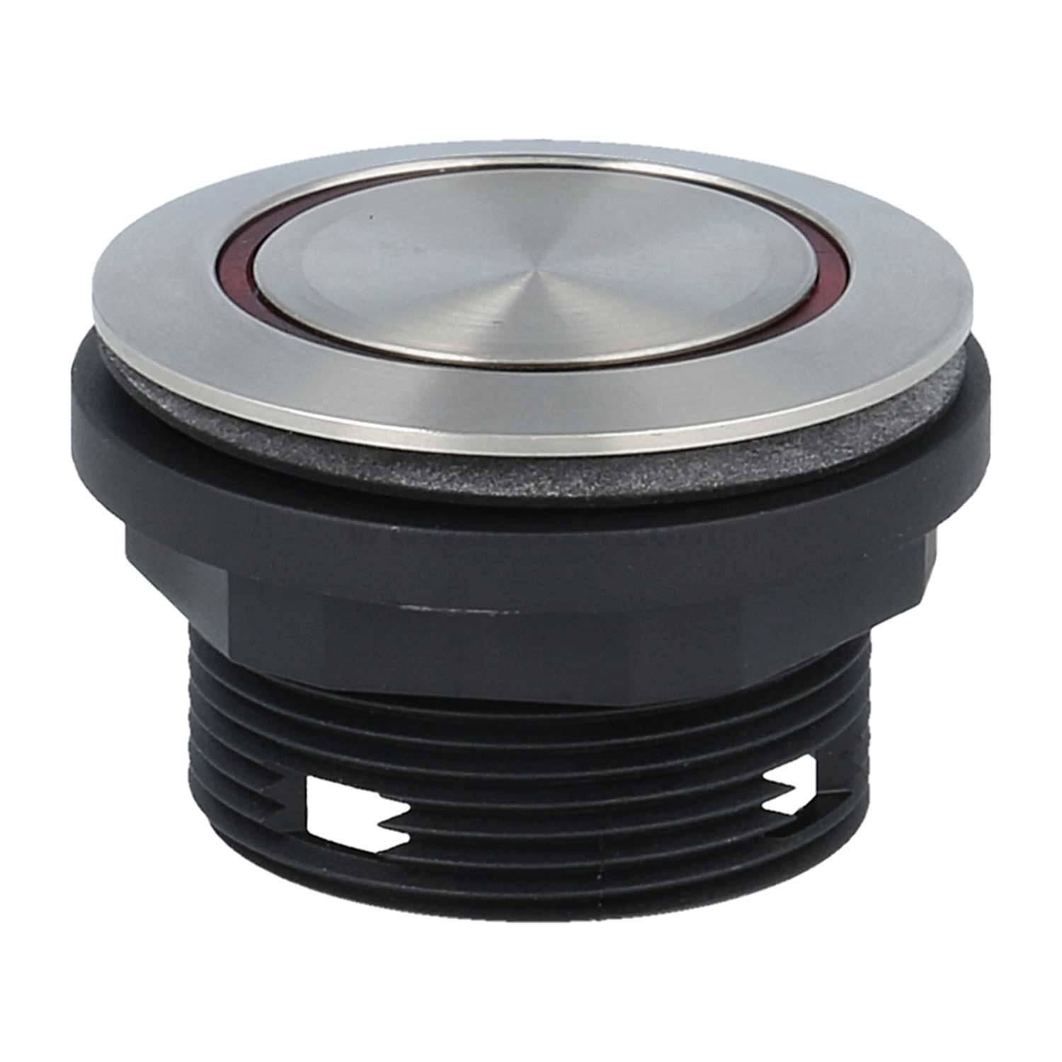 Runder Edelstahl-Drucktaster mit schwarzer Gewindebasis, zur Befestigung an Bedienblenden konzipiert.