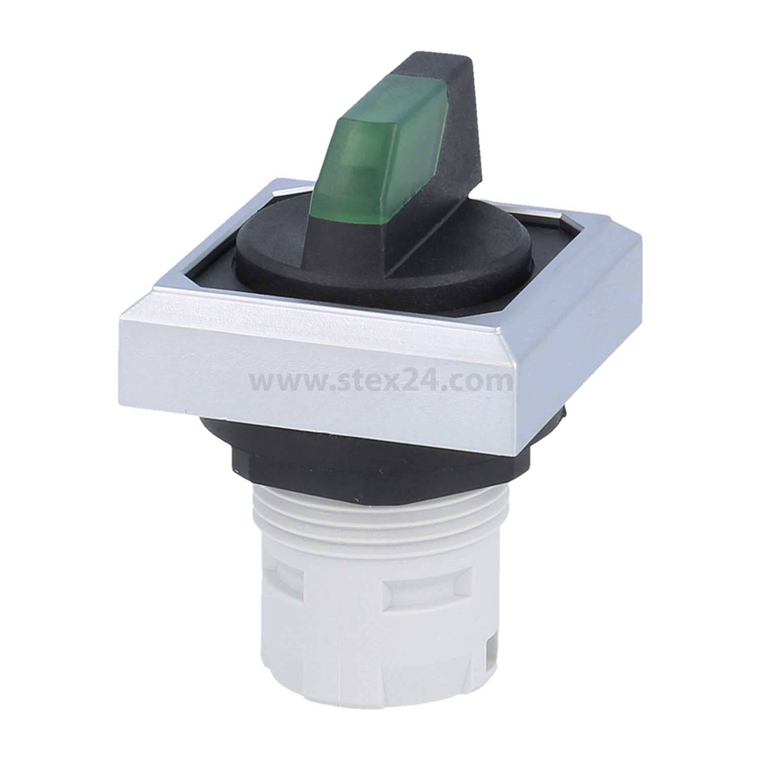 Ein grün beleuchteter Schalter mit einem schwarzen Kippschalter, eingebaut in einer silber-weißen Halterung, der üblicherweise in industriellen Bedienpanels verwendet wird.