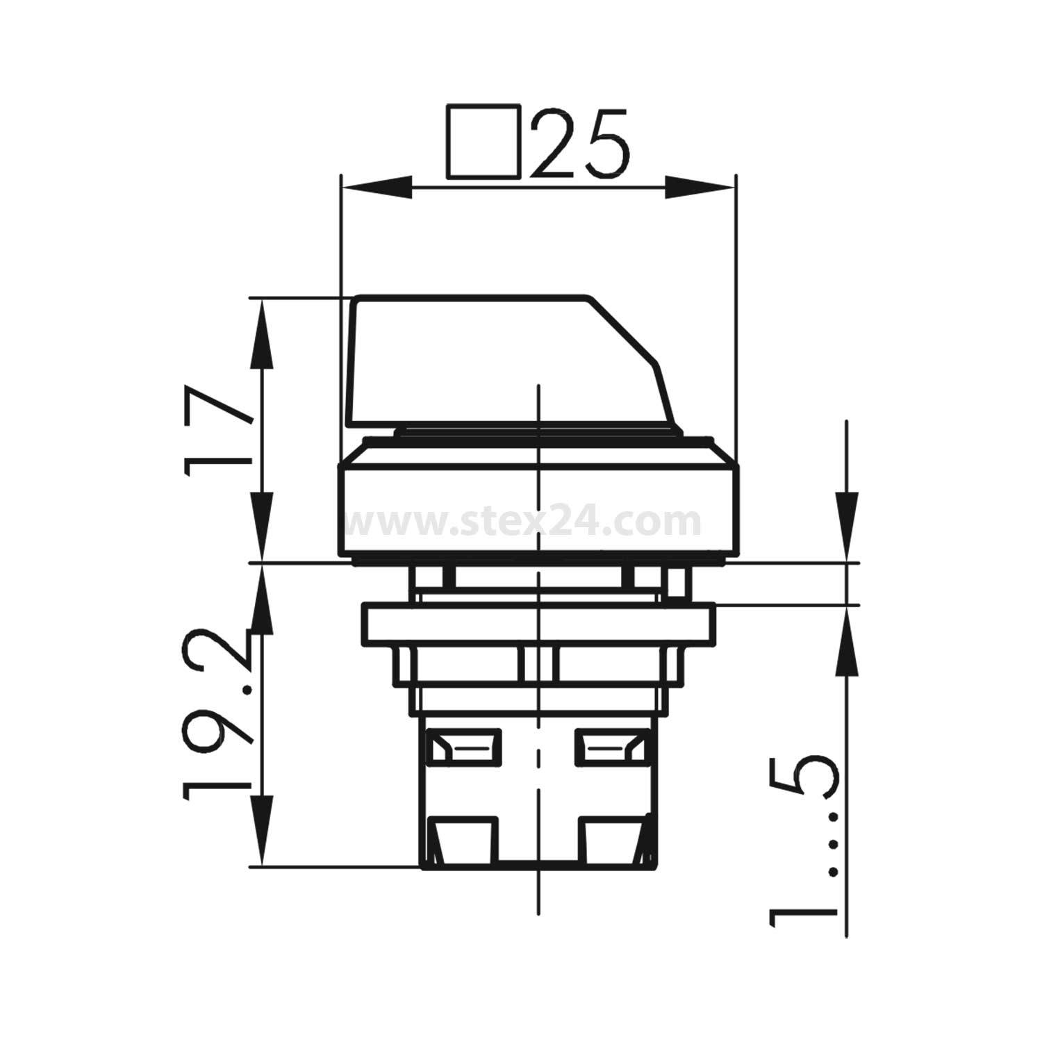 Technische Zeichnung eines Tastschalters mit Dimensionen: 25 mm quadratische Oberseite, 17 mm Höhe und 19,2 mm Grundfläche, geeignet für Platinenintegration.