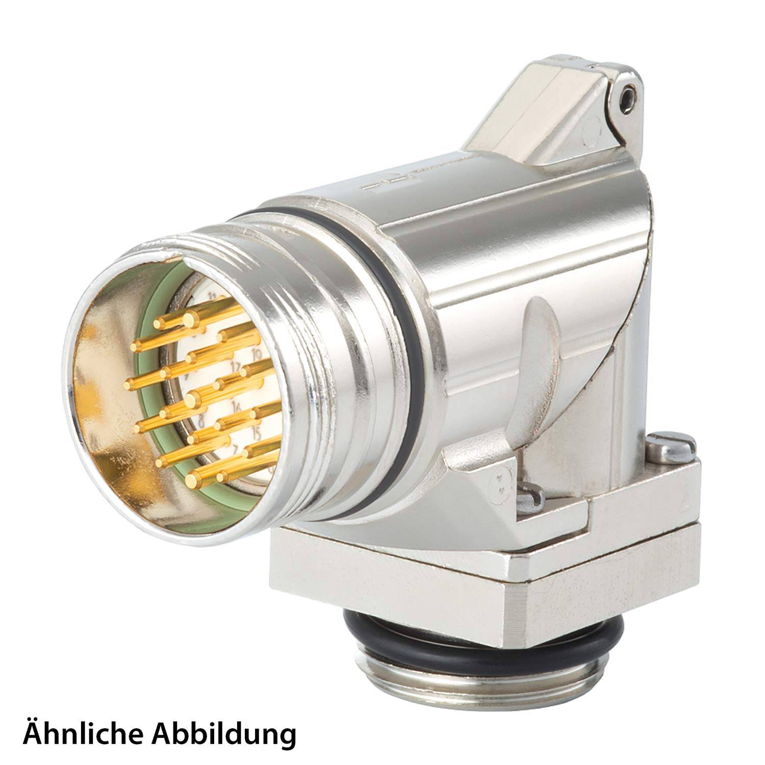 Ein metallischer, abgewinkelter Verbinder mit mehreren goldenen Kontaktstiften wird gezeigt, der möglicherweise für elektronische oder Datenkonnektionen verwendet wird.