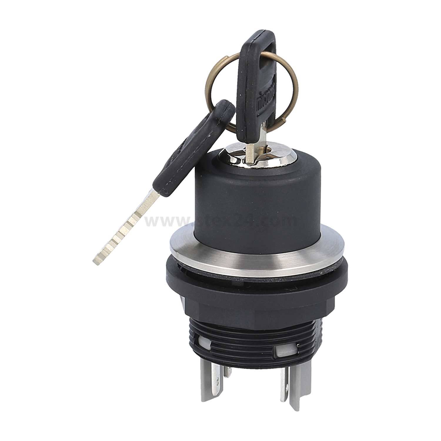 „Ein Schlossschalter mit zwei eingelegten Schlüsseln, versehen mit Metallverbindern am Boden für eine sichere Installation.