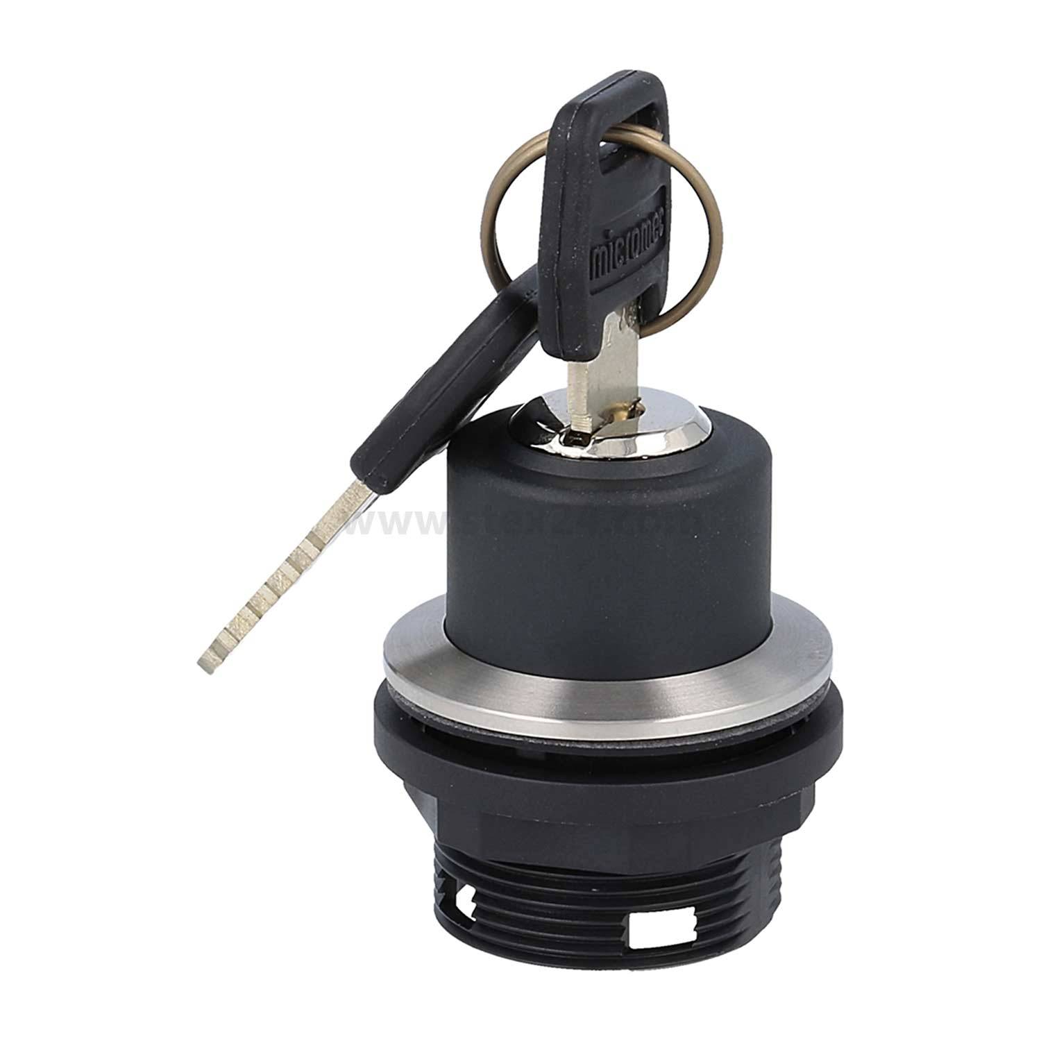 Schwarzer und silberner Metallschloss mit eingestecktem Schlüssel, beschriftet mit „Microsk.