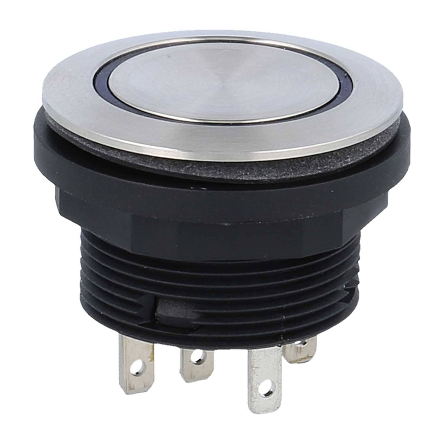 Ein runder Metalldrucktaster mit vier Metallzinken, eingebaut in einem schwarzen Kunststoffgehäuse.