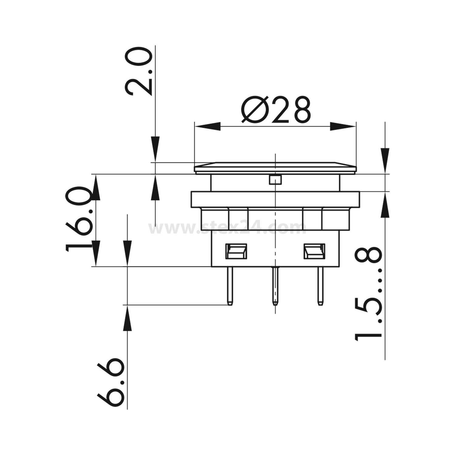 Tasterschalter-Diagramm, Durchmesser 28 mm, Höhe 2 mm. Gesamthöhe mit Anschlüssen 16 mm, Anschlusslänge 6,6 mm, Einbautiefe 1,5-8 mm.