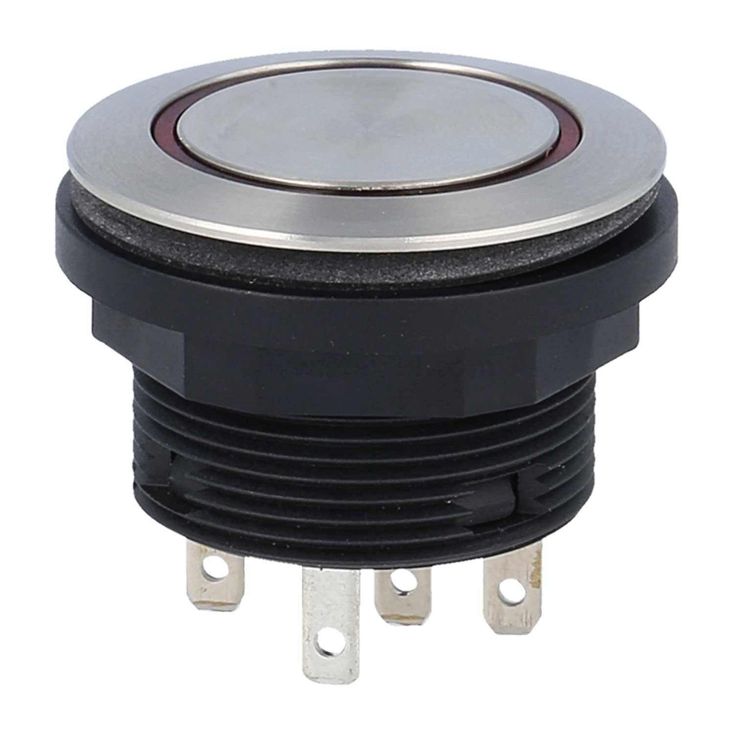 Runder Metall-Drucktaster mit schwarzem Sockel und mehreren Anschlüssen, für elektronische Geräte entwickelt.