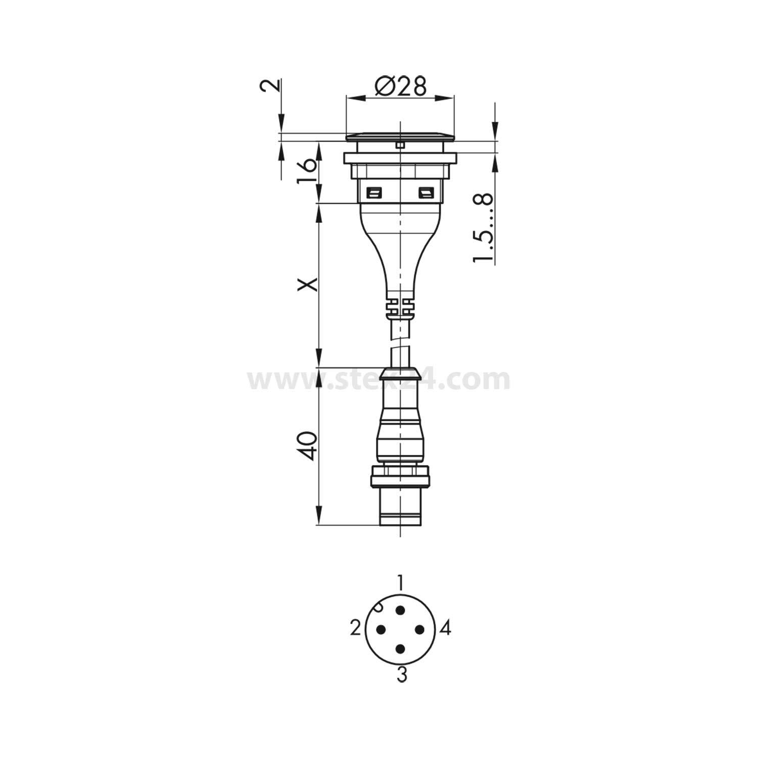 Technische Zeichnung eines männlichen 3-poligen Steckverbinders. Abmessungen angegeben: Durchmesser 28 mm, verschiedene Längen. Enthält Diagramm der Steckerstifte.