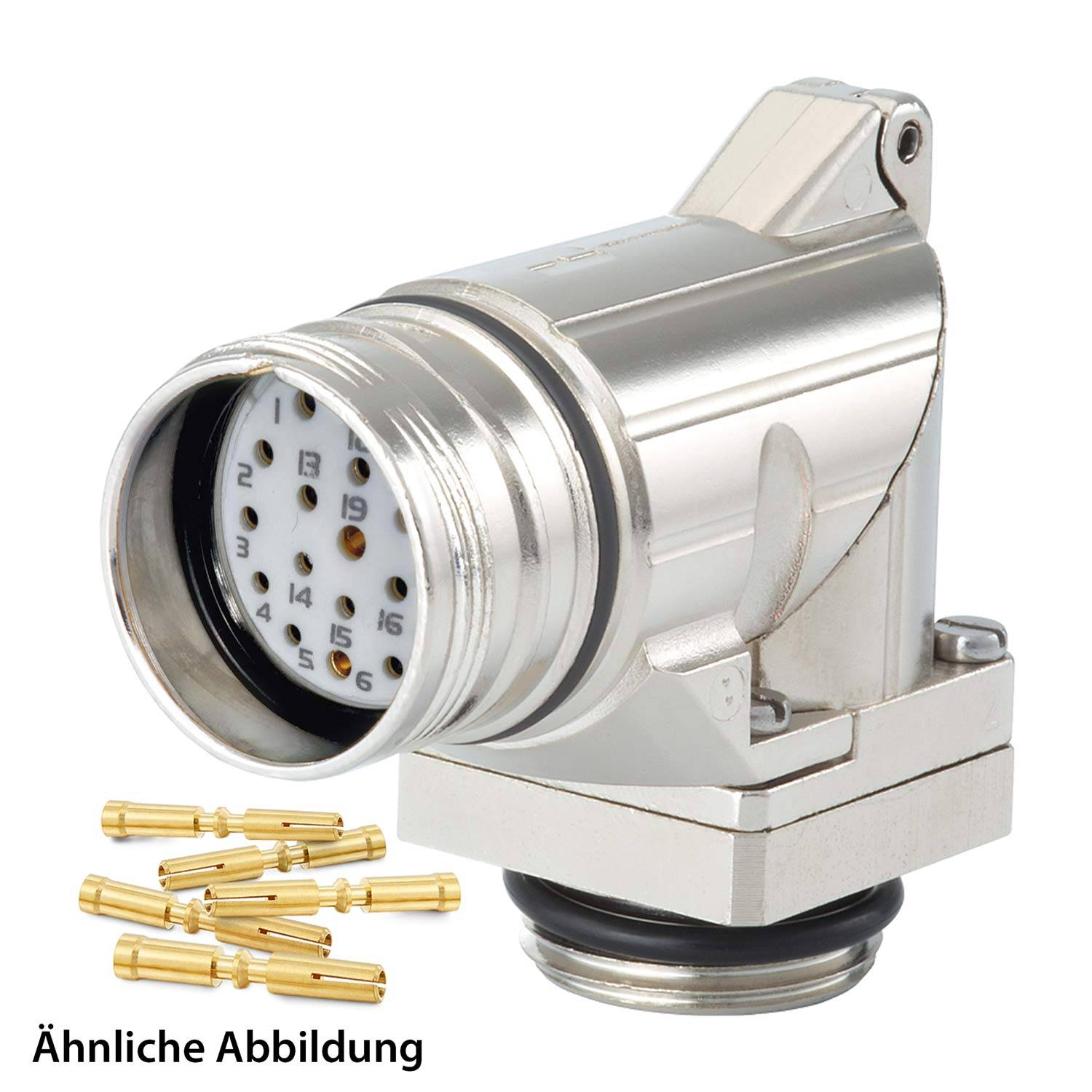 Ein ähnliches Bild zeigt einen metallischen elektrischen Anschluss mit mehreren Pins und einer Winkelausführung, ergänzt durch separate Goldpins.