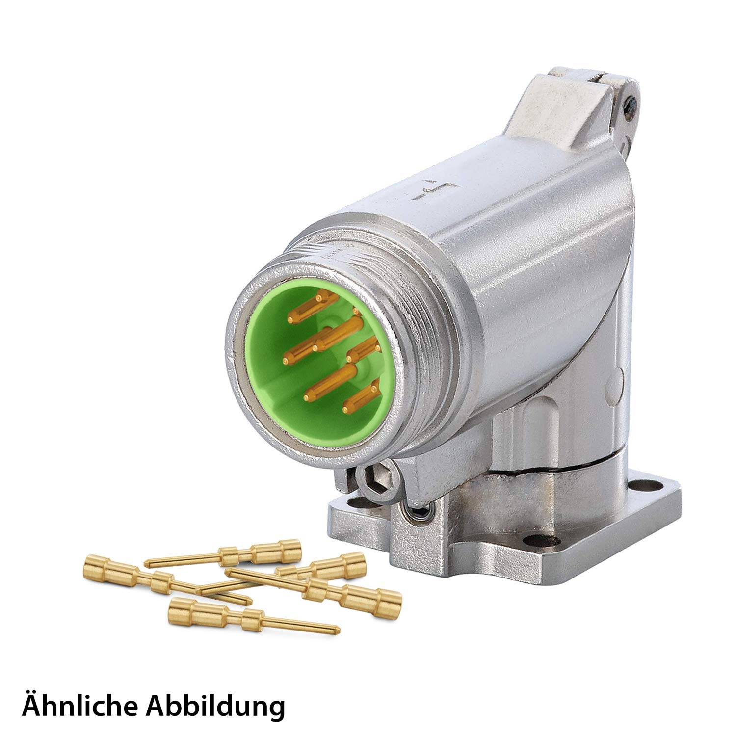 Ein metallischer, rechtwinkliger elektrischer Anschluss mit grünem Innenraum und goldenen Kontakten, der mit zusätzlichen Kontakten auf einem weißen Hintergrund dargestellt wird.