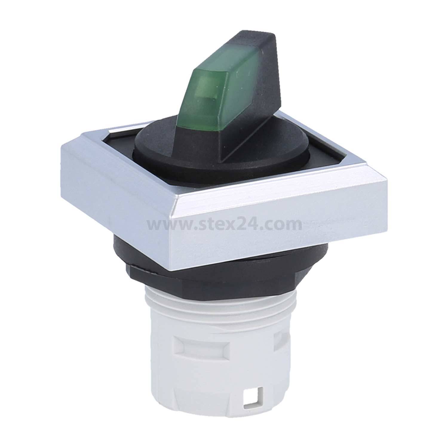 Ein schwarzer und grüner dreieckiger Wippschalter, der in einem quadratischen silbernen Rahmen montiert ist und für Kontrollpanels entwickelt wurde.