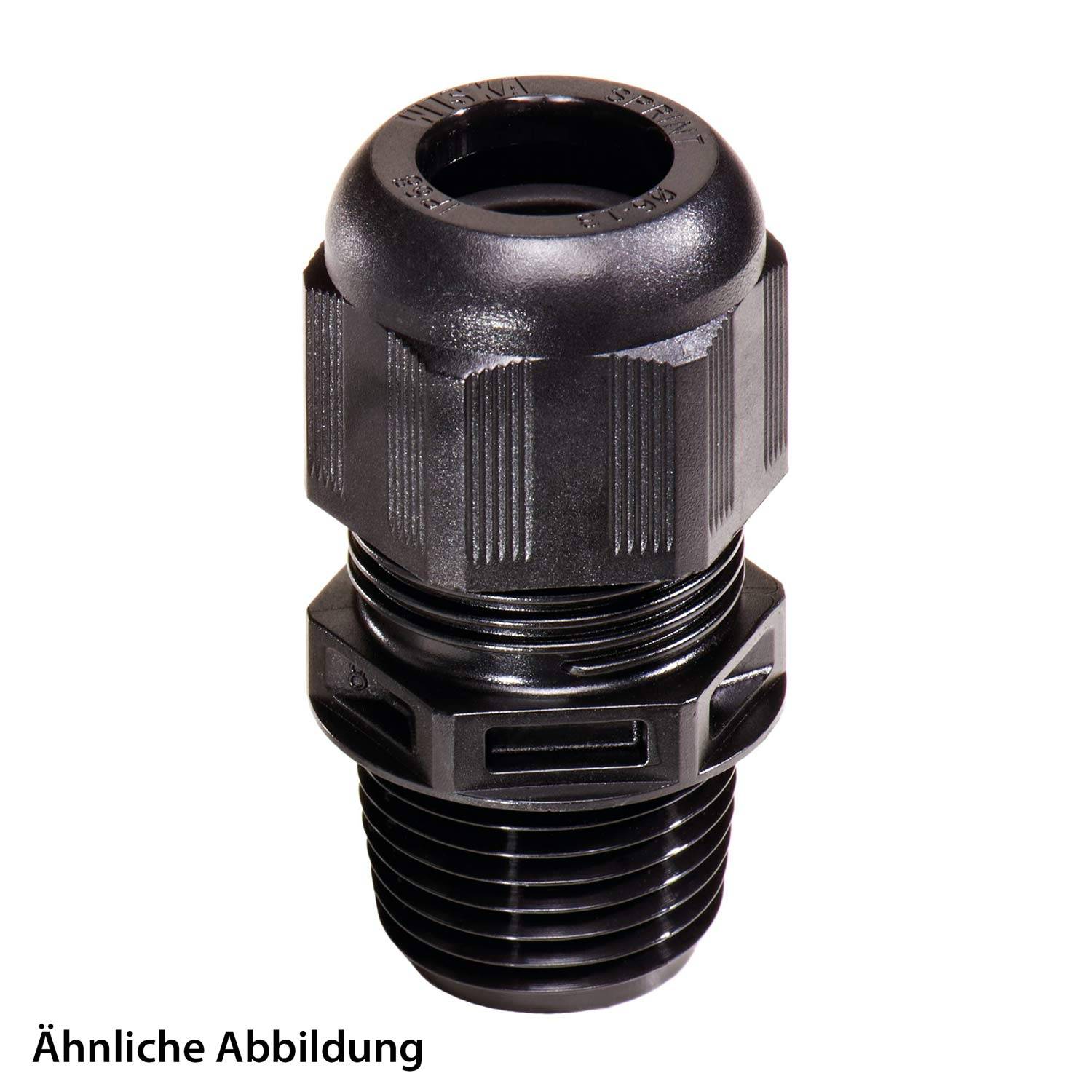 Eine schwarze Kabelverschraubung mit einem gerillten Gewindeunterteil und einer texturierten Oberfläche, die zum Befestigen und Abdichten von Kabeln verwendet wird, in aufrechter Position dargestellt.