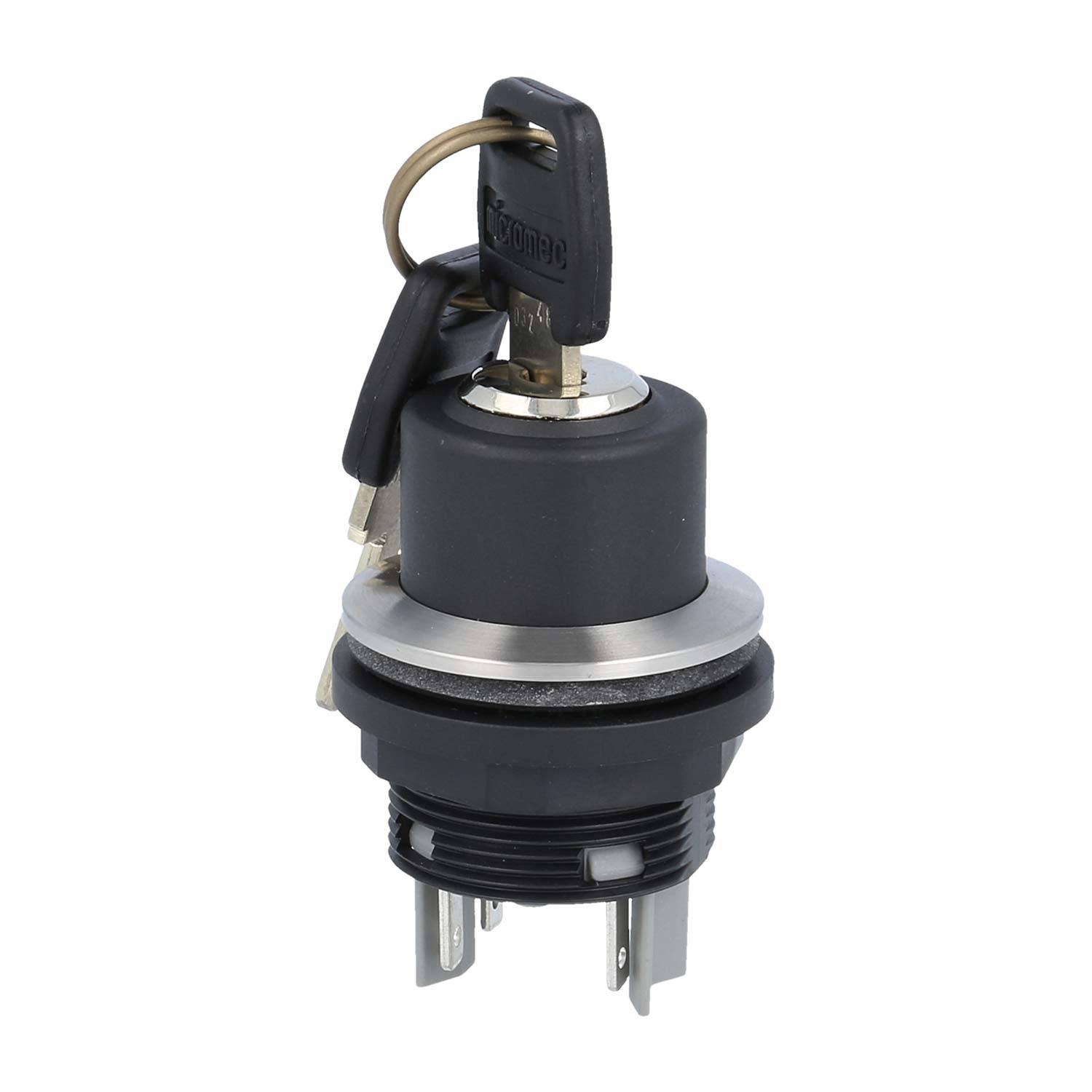 Ein schwarzer und silberner Zündschalter mit zwei eingesteckten Schlüsseln, der mehrere elektrische Anschlüsse unterhalb des Schalters aufweist und zum Starten von Maschinen oder Fahrzeugen verwendet wird.