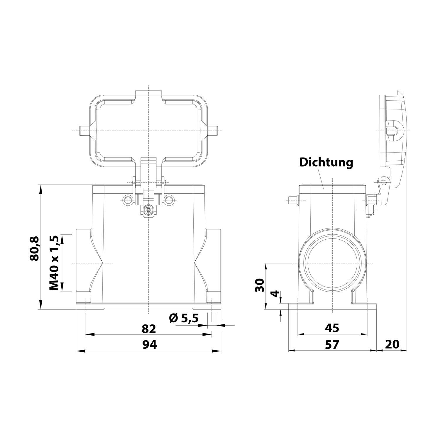 05300100276 HARTING Han 10B Sockelgehäuse hoch, 1xM40 seitlicher Kabelabgang, für 2 Bügel (am Oberteil) mit Schutzkappe