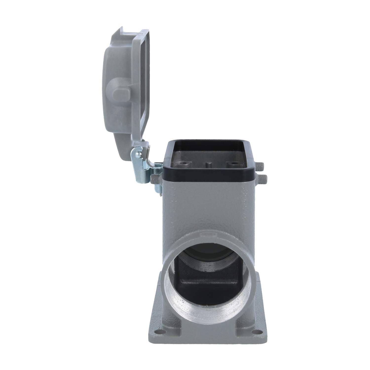 Ein grauer elektrischer Anschluss mit einer Schutzabdeckung, der in geöffneter Position gezeigt wird, für industrielle Verwendung. Die Basis verfügt über eine kreisförmige Öffnung.