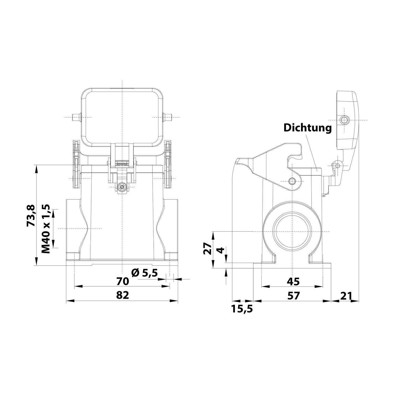 Technische Zeichnung einer mechanischen Komponente mit beschrifteten Abmessungen. Abmessungen umfassen 73,8, 82, 57, 45, 21, beschriftet mit 'Dichtung'.
