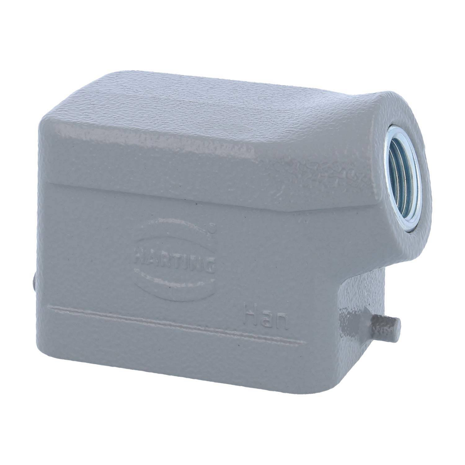 Ein graues rechteckiges elektrisches Gehäuse für einen Steckverbinder mit einer seitlichen Öffnung und abgerundeter Oberseite, mit der Markenbezeichnung 'HARTING', die auf der Vorderseite eingeprägt ist.