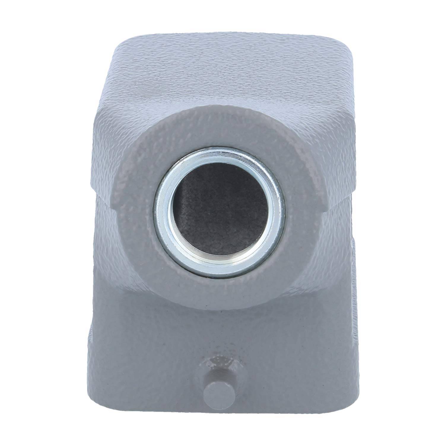 Ein grau eloxiertes Aluminium-Zylinderobjekt mit einer kreisförmigen Öffnung an der Vorderseite, konzipiert als Schutzabdeckung für einen Drehgeber.