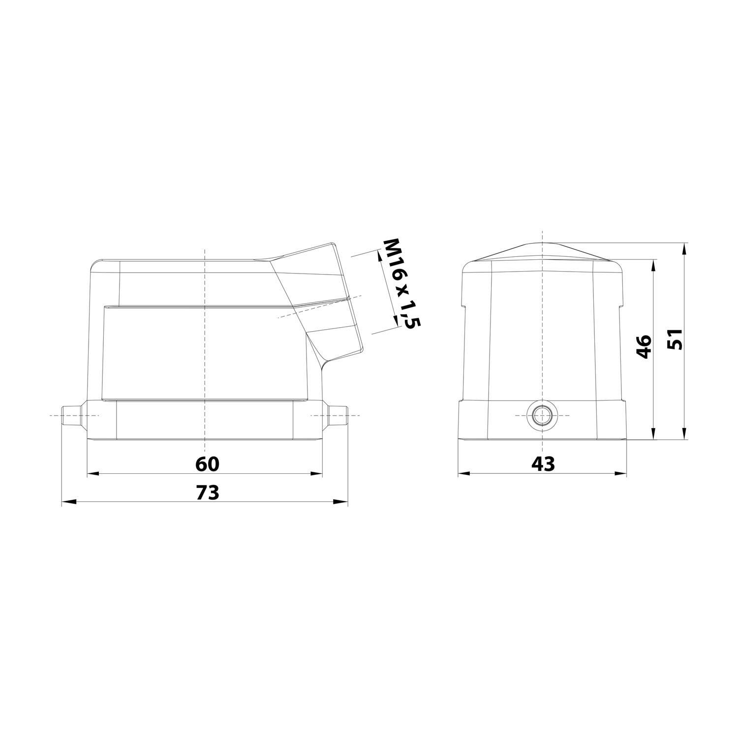 05300061561 HARTING Han 6B Tüllengehäuse niedrig, 1xM16 seitlicher Kabelabgang, für 1 Bügel (am Unterteil)